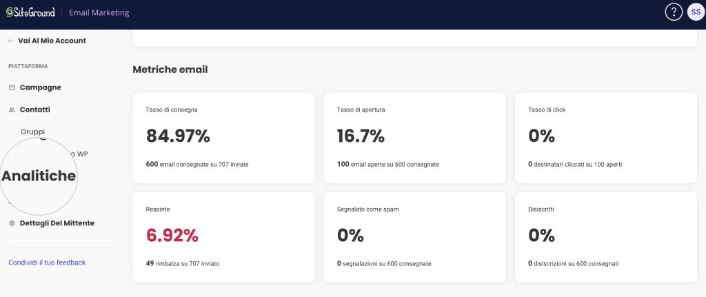 Uno screenshot che mostra la pagina SiteGround Email Marketing Analytics