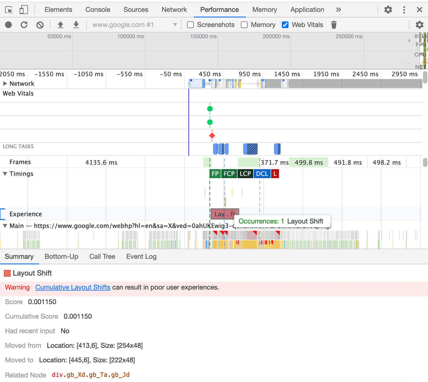 Pannello delle Performance di Chrome DevTools