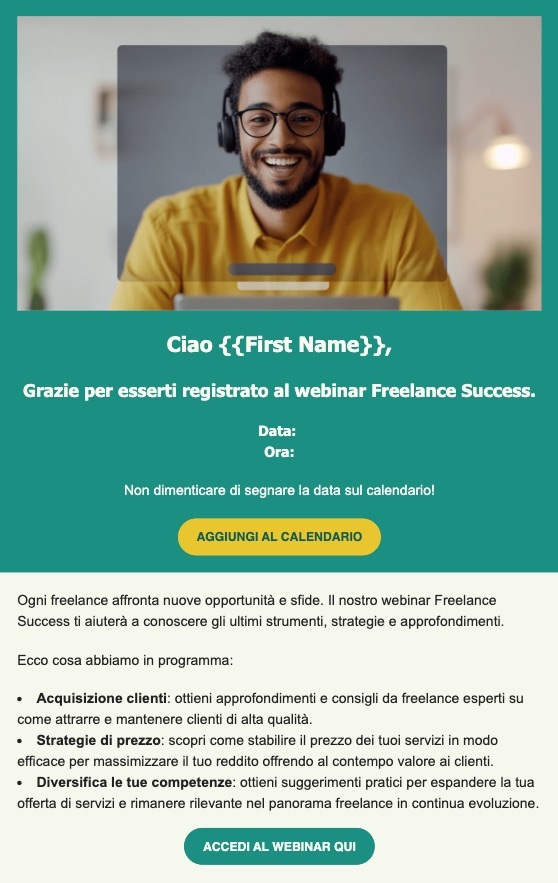 Email di benvenuto per la registrazione all'evento