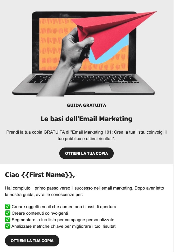 Email di benvenuto per la consegna di un omaggio