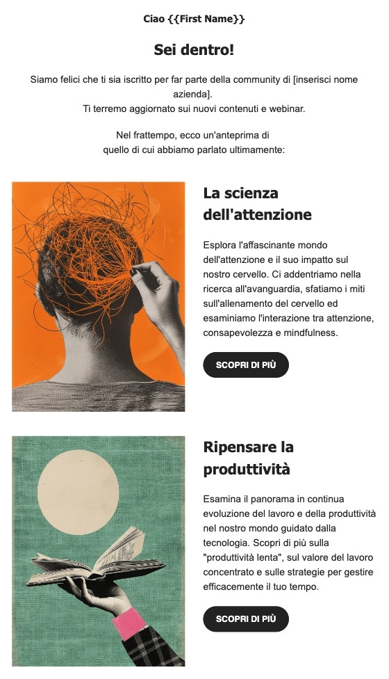 Email di benvenuto per l'iscrizione al blog