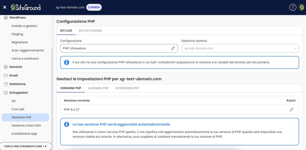 Uno screenshot del PHP manager nel pannello di Site Tools di SiteGround, dove puoi cambiare le impostazioni PHP dei tuoi siti.