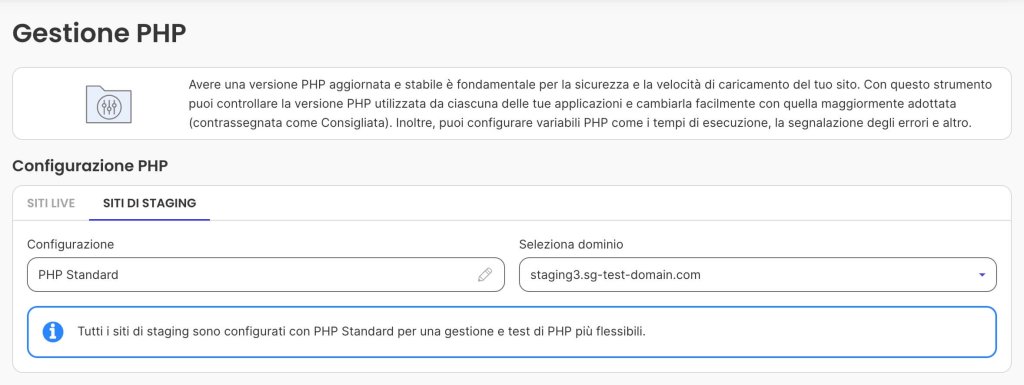 Uno screenshot del PHP manager nel pannello Site Tools di SiteGround, dove puoi cambiare le impostazioni PHP di un sito di staging.