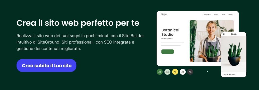 Immagine di un sito web appena creato con il Site Builder di SiteGround. Accanto all'immagine c'è un bottone che porta alla pagina di web hosting