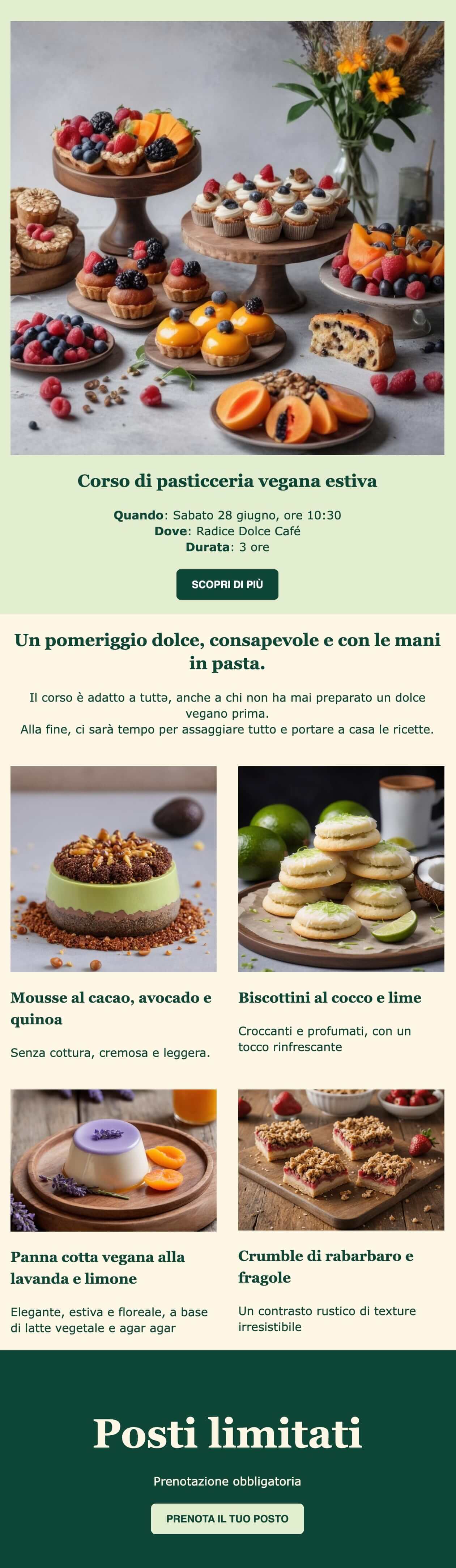 screenshot di un'email di invito ad un evento. L'evento pubblicizzato è un corso di pasticceria.
