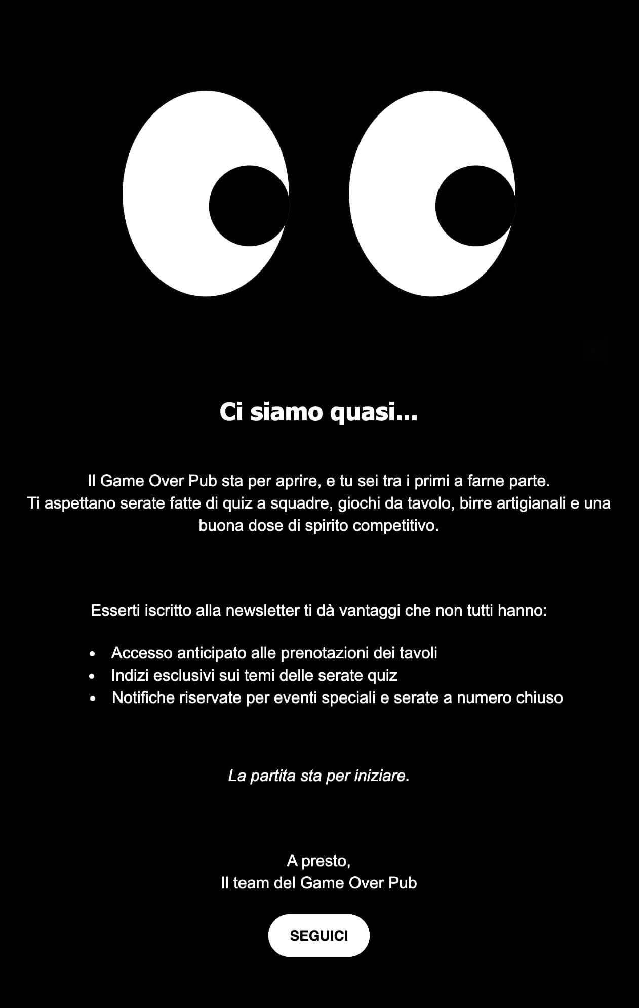 screenshot di un'email di benvenuto per un locale serale in prossima apertura.