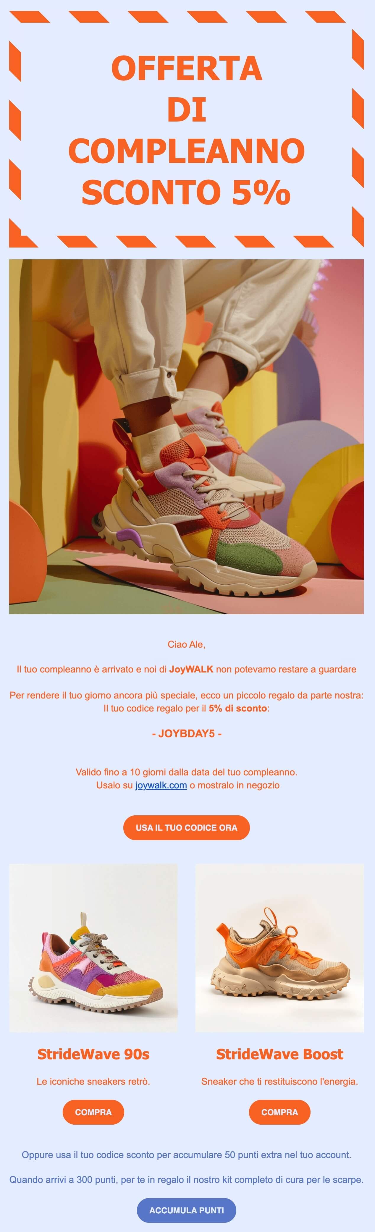 Screenshot di una mail di fidelizzazione mandata in occasione del compleanno di un cliente. La mail offre uno sconto del 5%