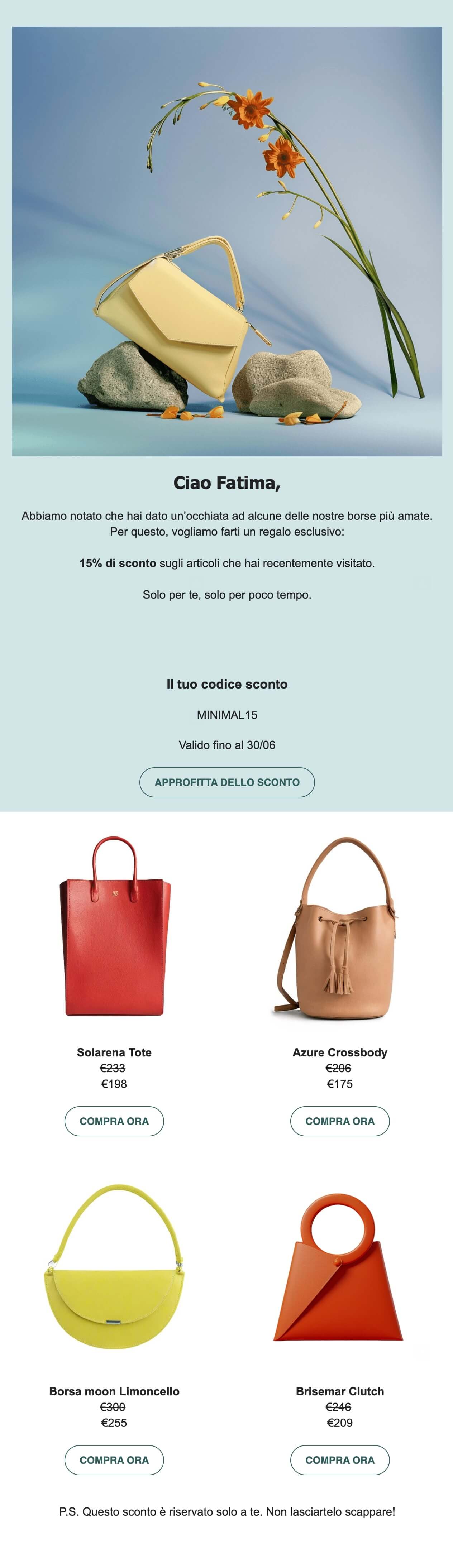 Screenshot di una mail di cross-selling di un marchio di borse in pelle. La mail offre sconti personalizzati in base alle ricerche recenti dell'utente.