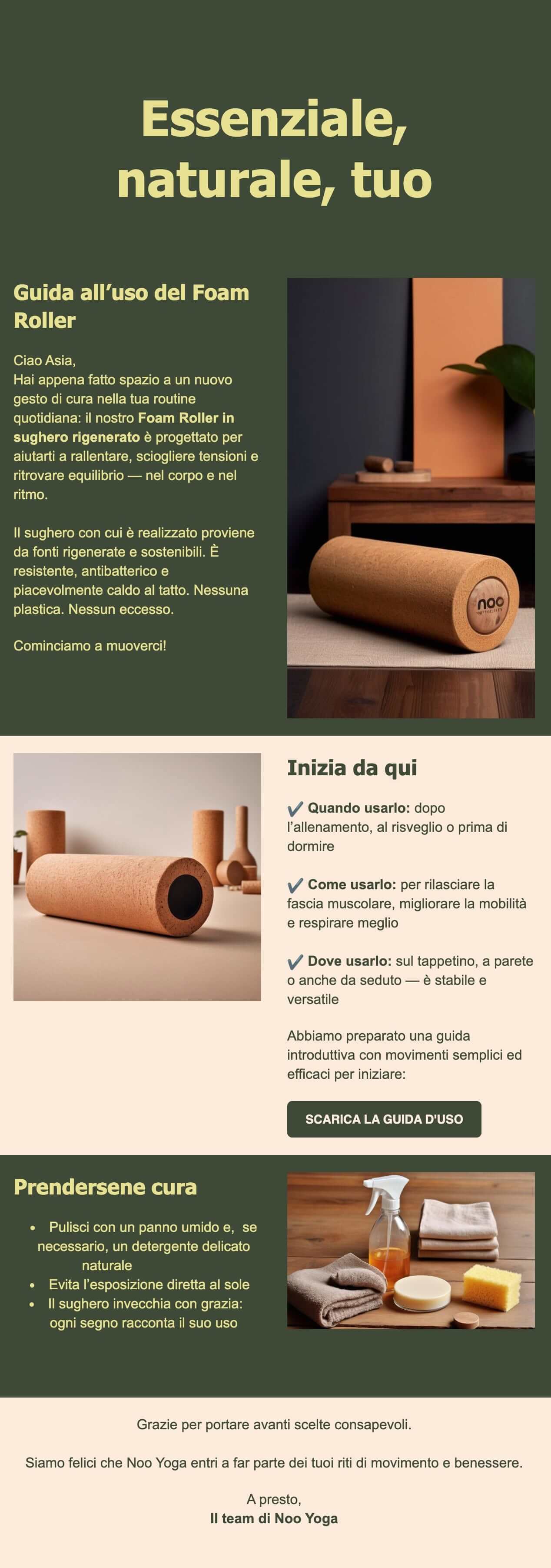 Screenshot di una mail di onboarding di un marchio di attrezzature per yoga. L'email offre una guida all'uso di un prodotto appena acquistato.