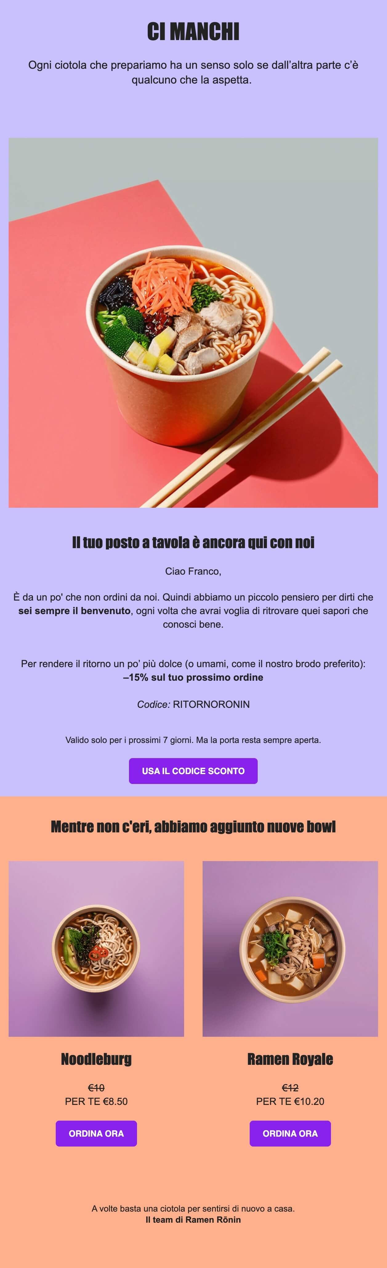 Screenshot di una mail di re-engagement di un ristorante delivery. La mail offre al cliente uno sconto esclusivo del 15%