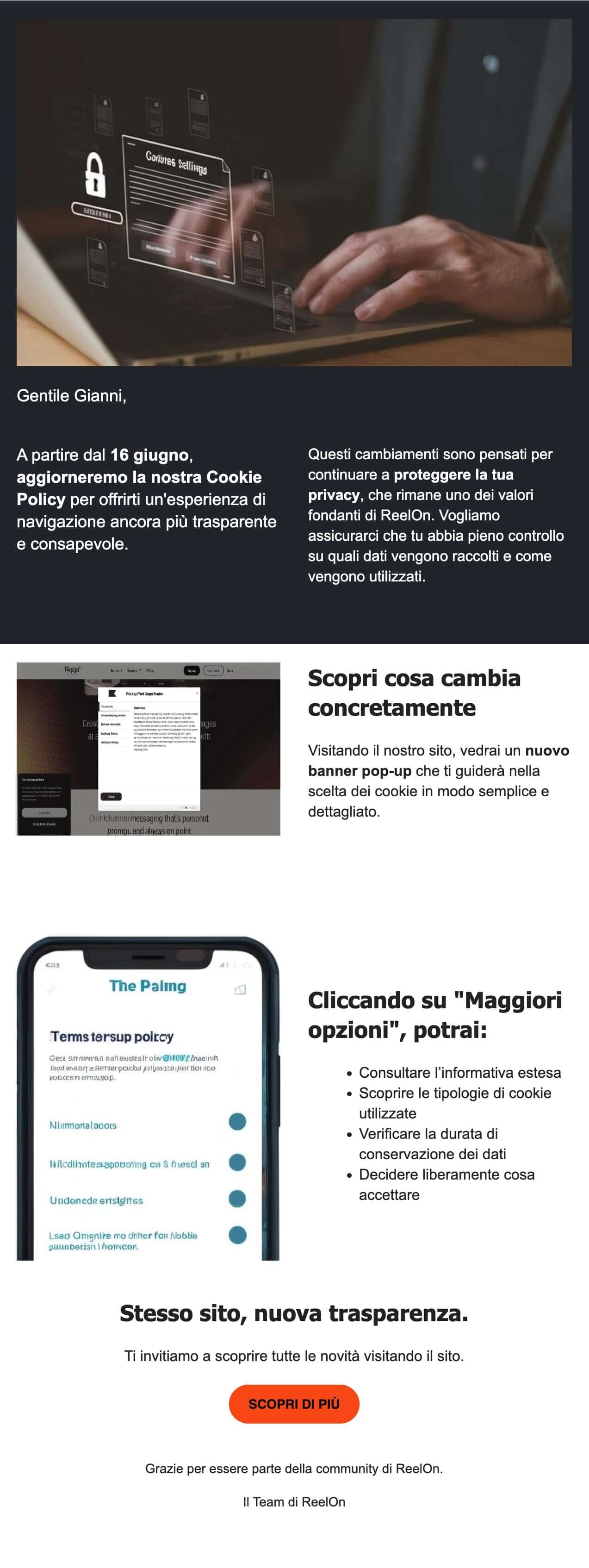 Screenshot di una newsletter di aggiornamento policy di una piattaforma di streaming