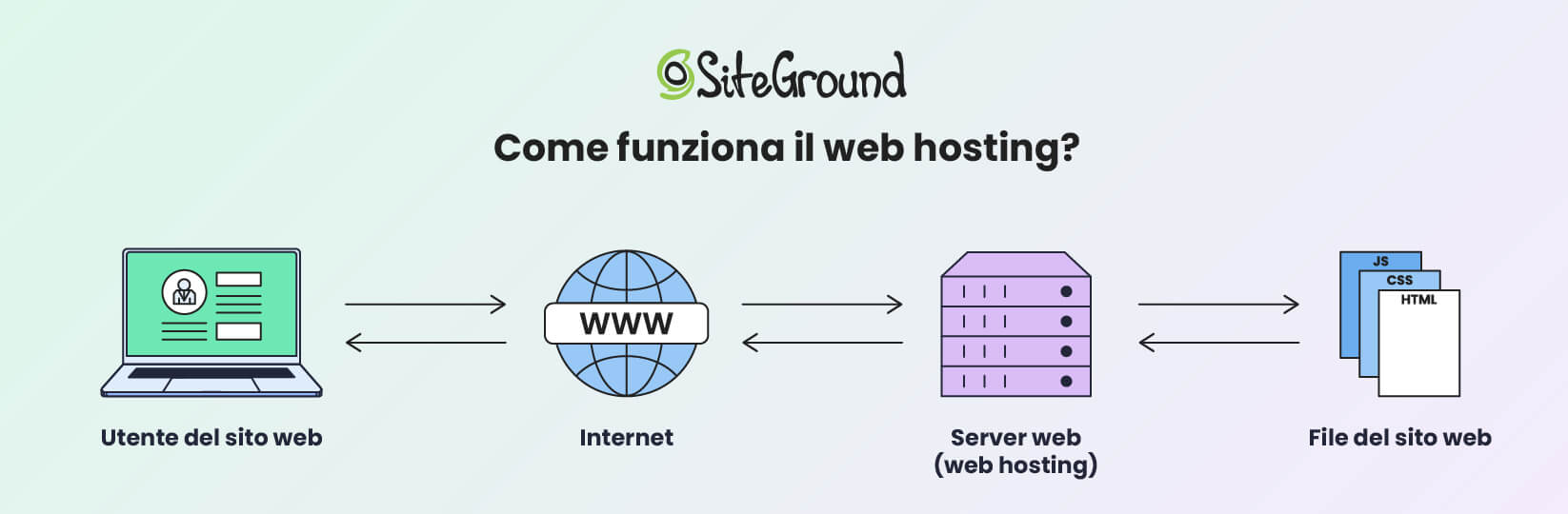 Illustrazione sul funzionamento del web hosting. L'utente, tramite internet richiede informazioni dal server (web hosting), che sceglie i file del sito web giusti da rimandare all'utente