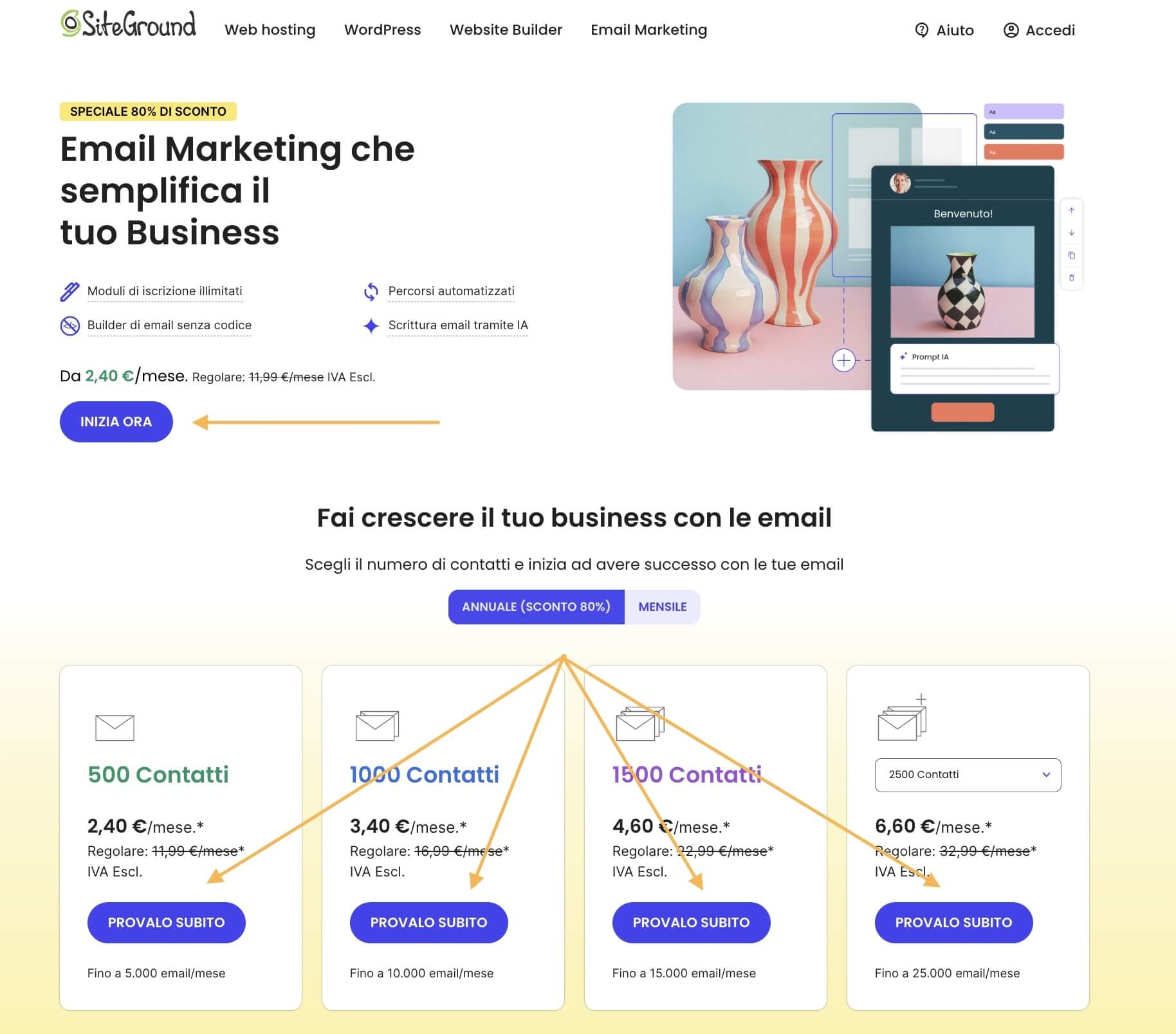 Screenshot di una landing page di SiteGround, dove ci sono diverse CTA