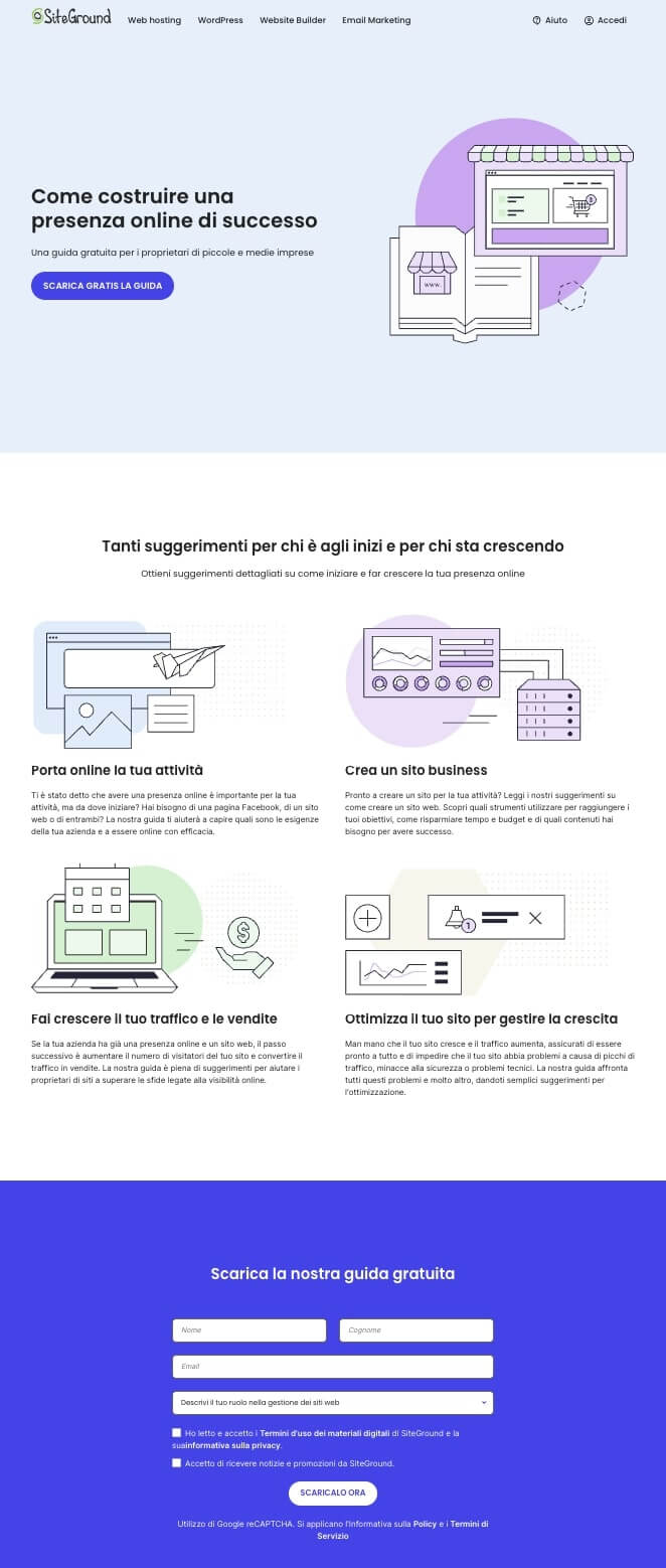 Screenshot di una pagina landing di SiteGround