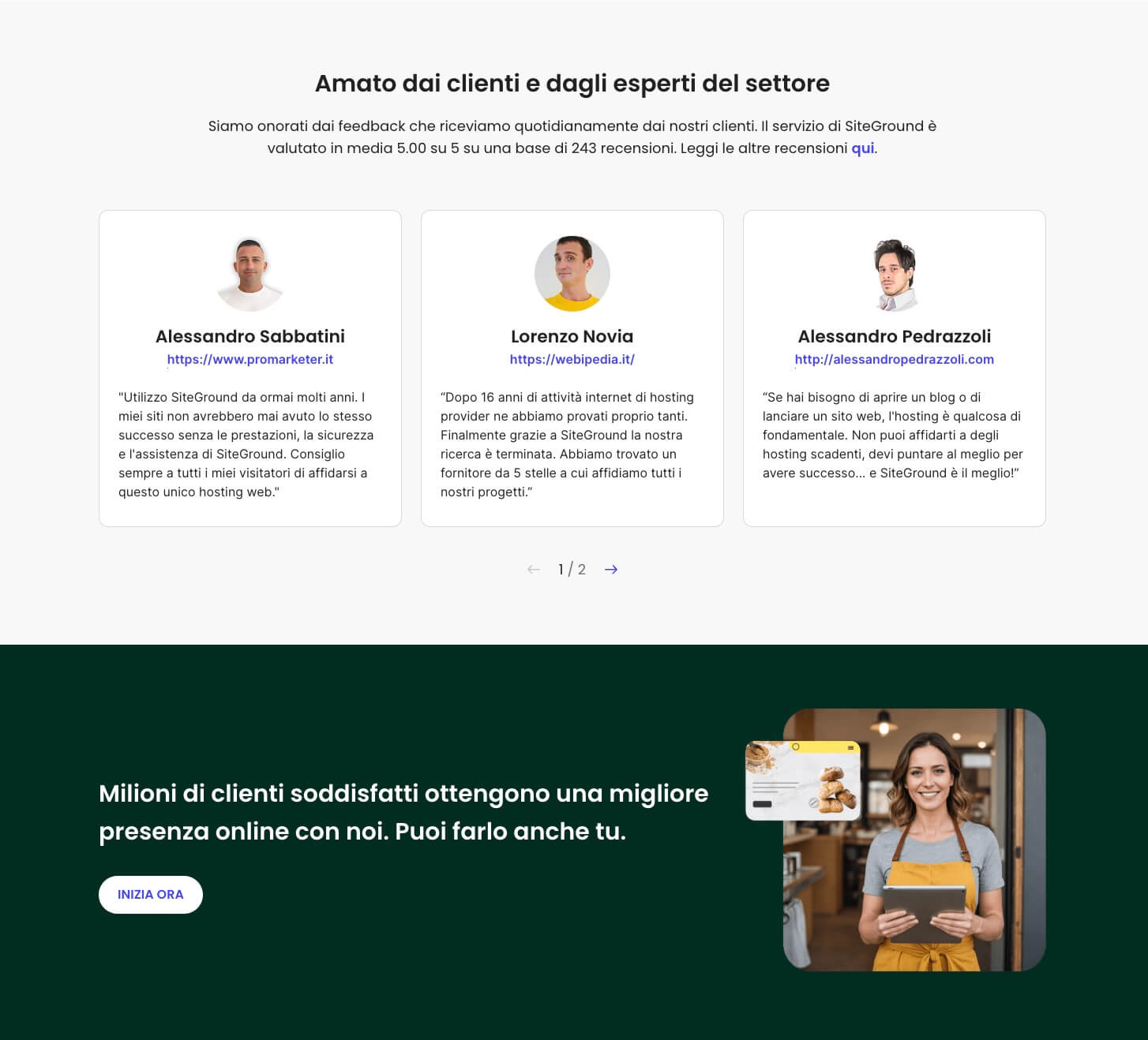 Screenshot della sezione "Amato dai clienti e dagli esperti del settore" del sito di SiteGround
