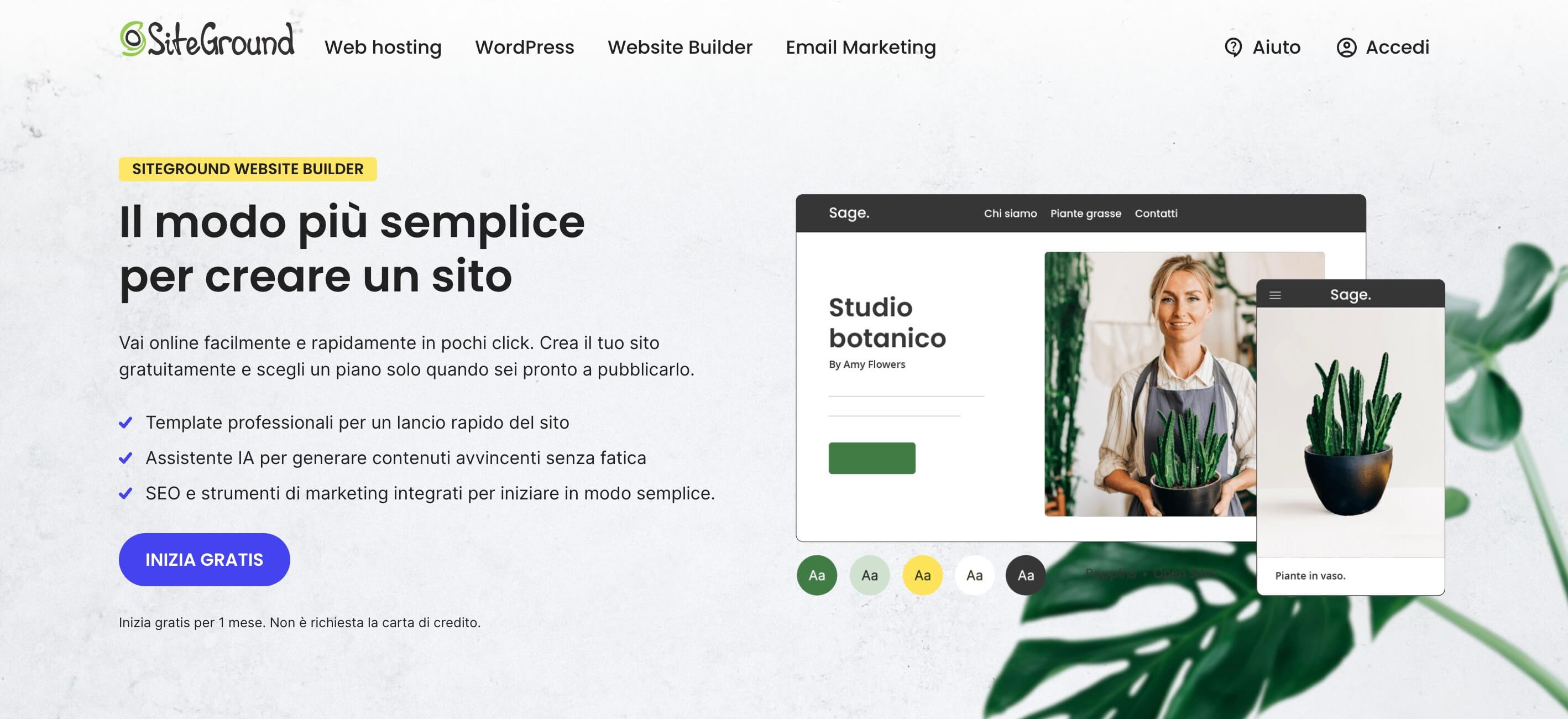Screenshot dalla sezione del titolo di una landing page del sito di SiteGround. Il titolo dice "Siteground website builder - Il modo più semplice di creare un sito"