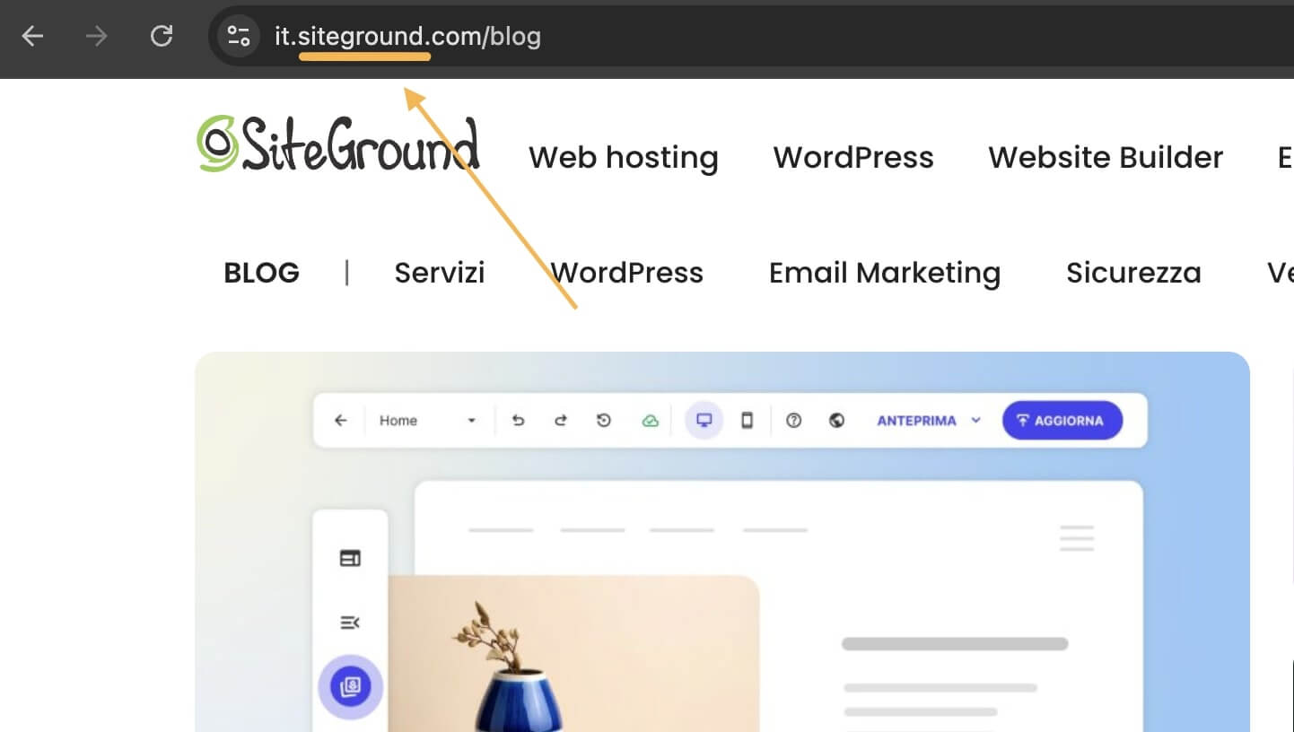 Screenshot dal sito di siteground, il dominio è evidenziato