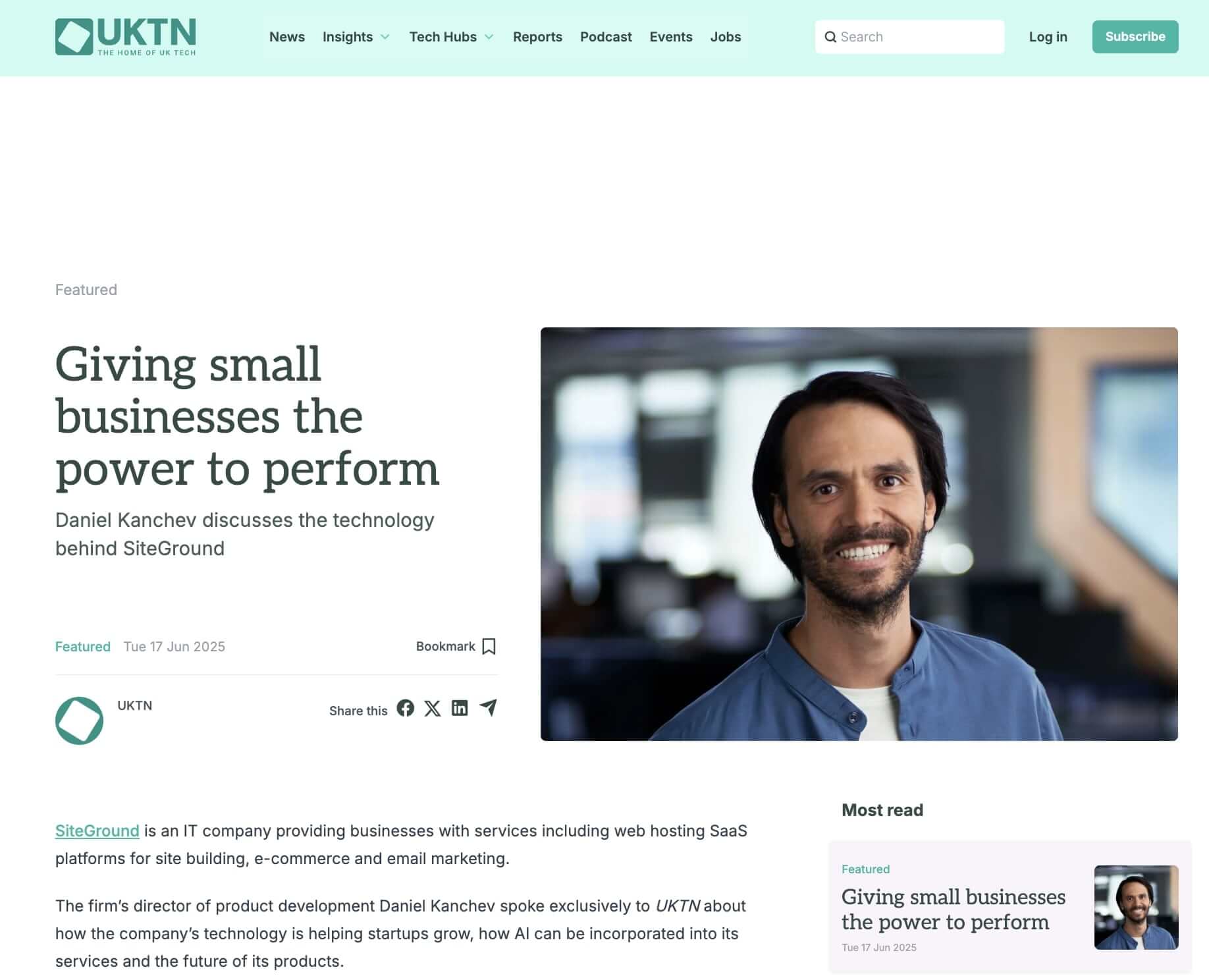 Screenshot da un articolo di UKTN dove viene intervistato Daniel Kanchev di SiteGround