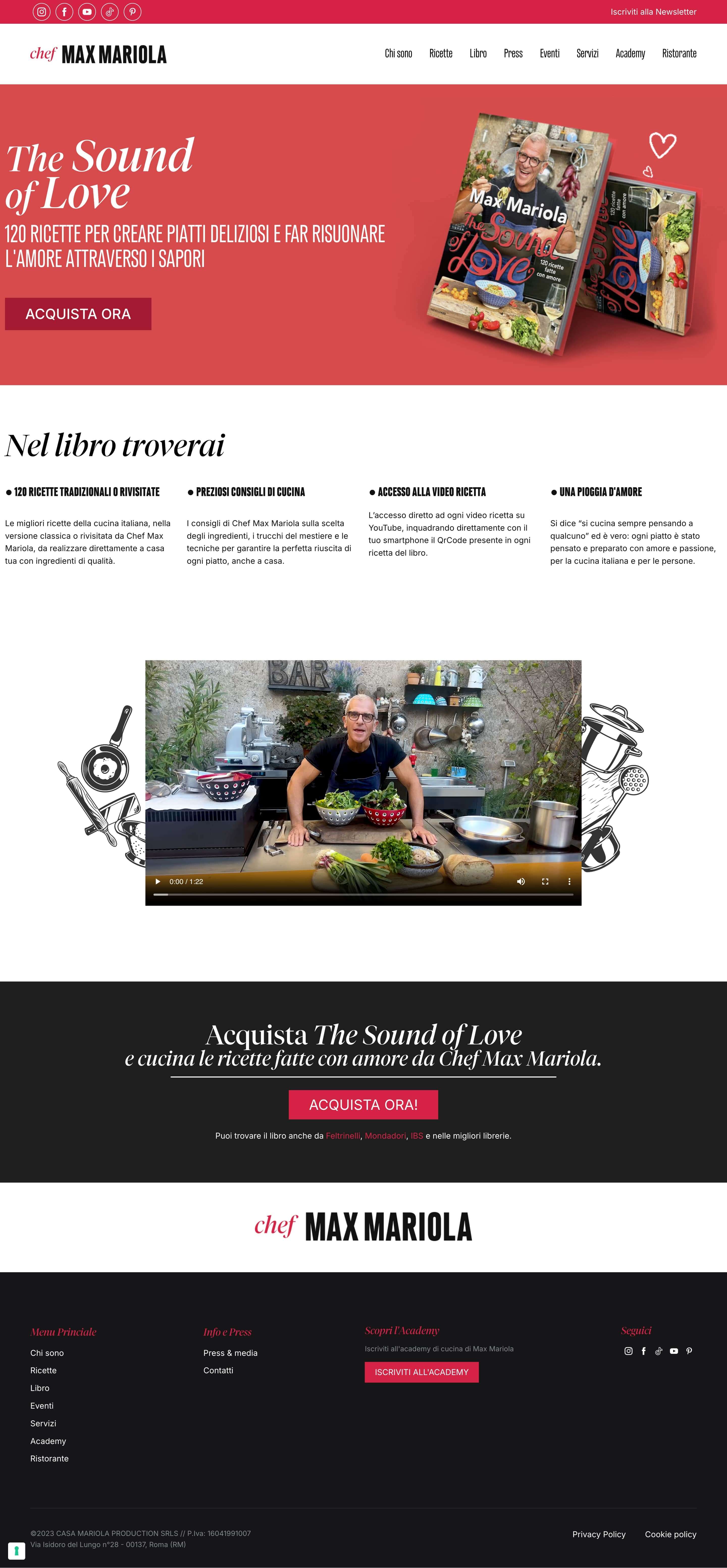 Screenshot dalla landing page del sito Chef Max Mariola