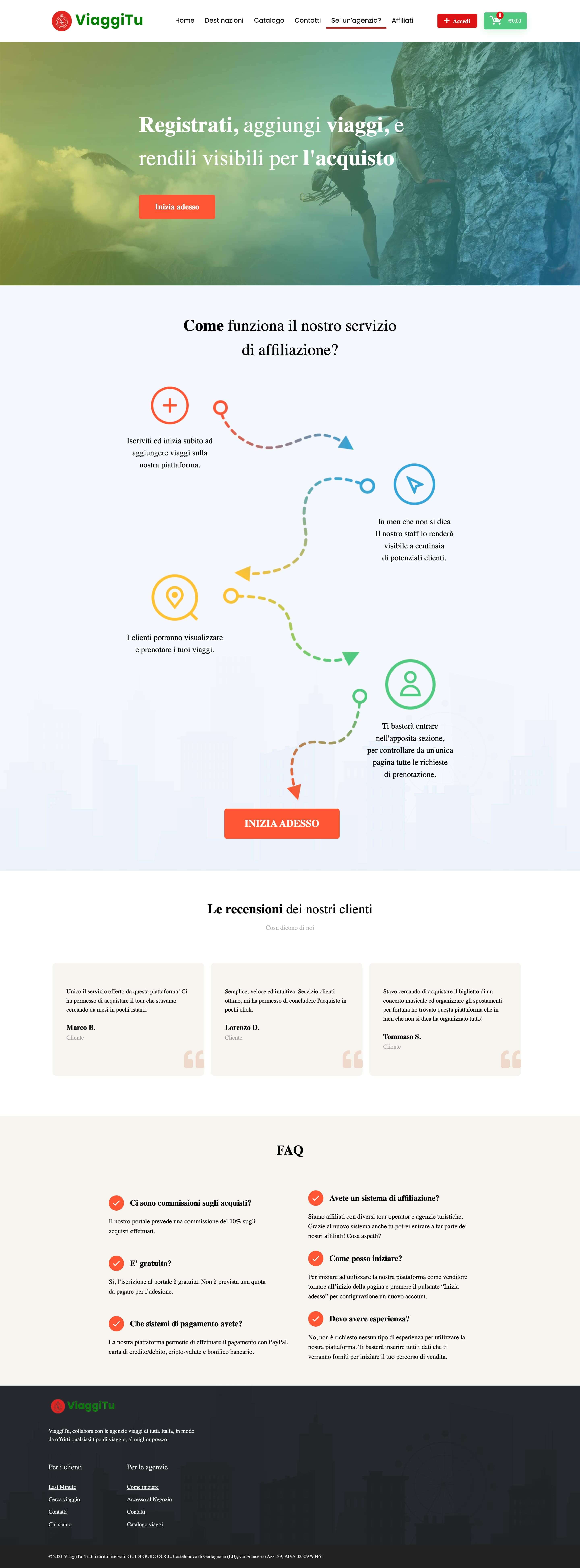 Screenshot della landing page del sito ViaggiTu