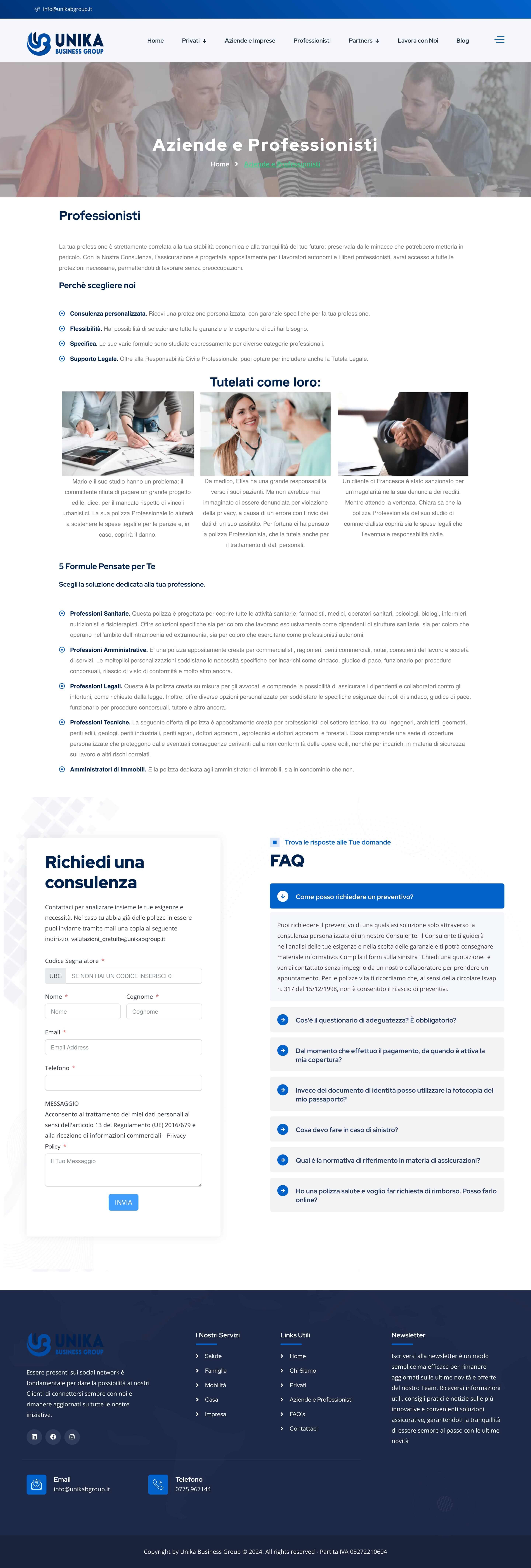 Screenshot dalla landing page del sito Unika Business Griup