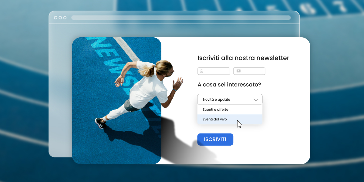 Modulo di iscrizione alla newsletter con immagine di sfondo di una pista da corsa che mostra un corridore in movimento