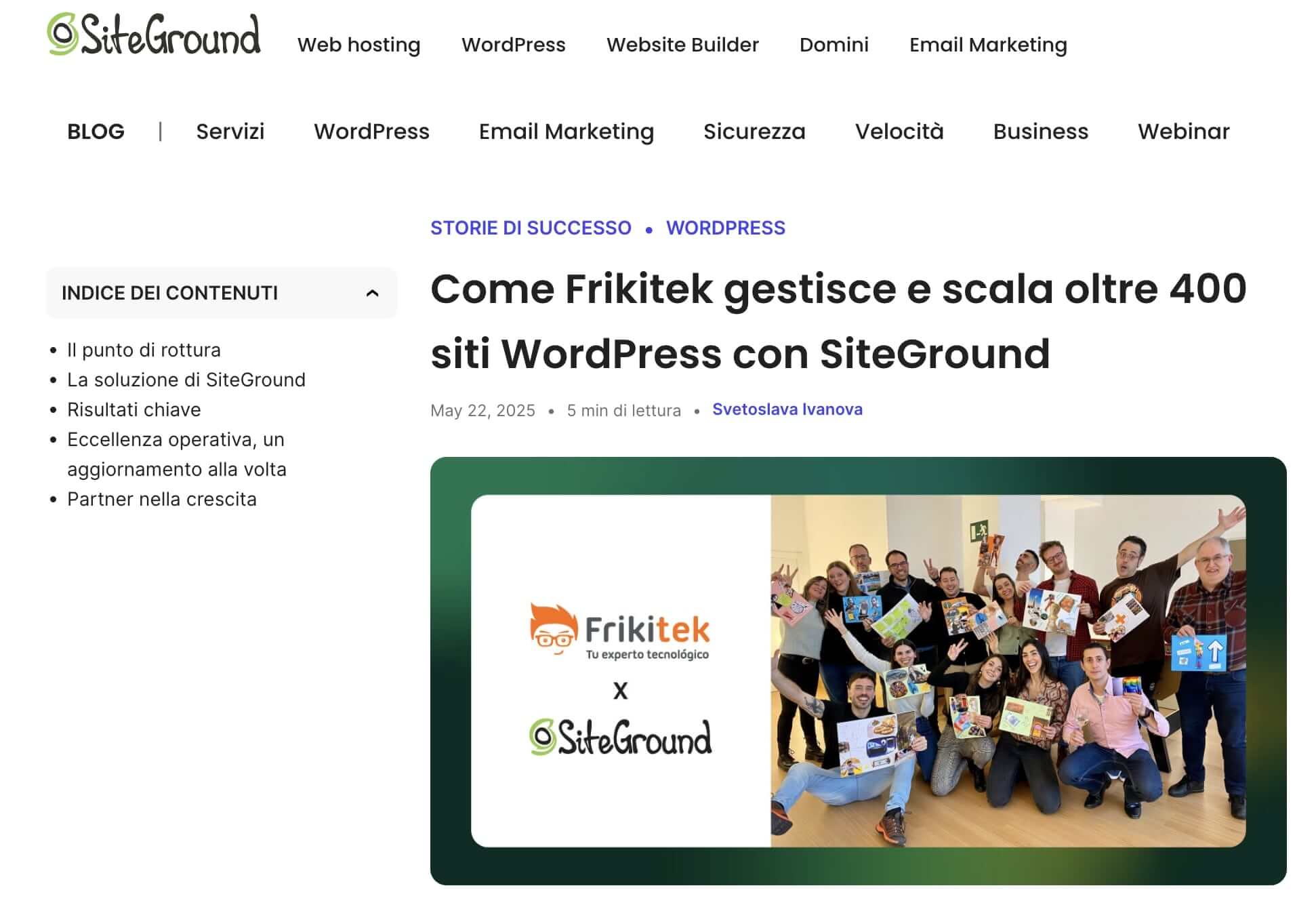 Screenshot dell'articolo dal blog sulla collaborazione tra Frikitek e SiteGround