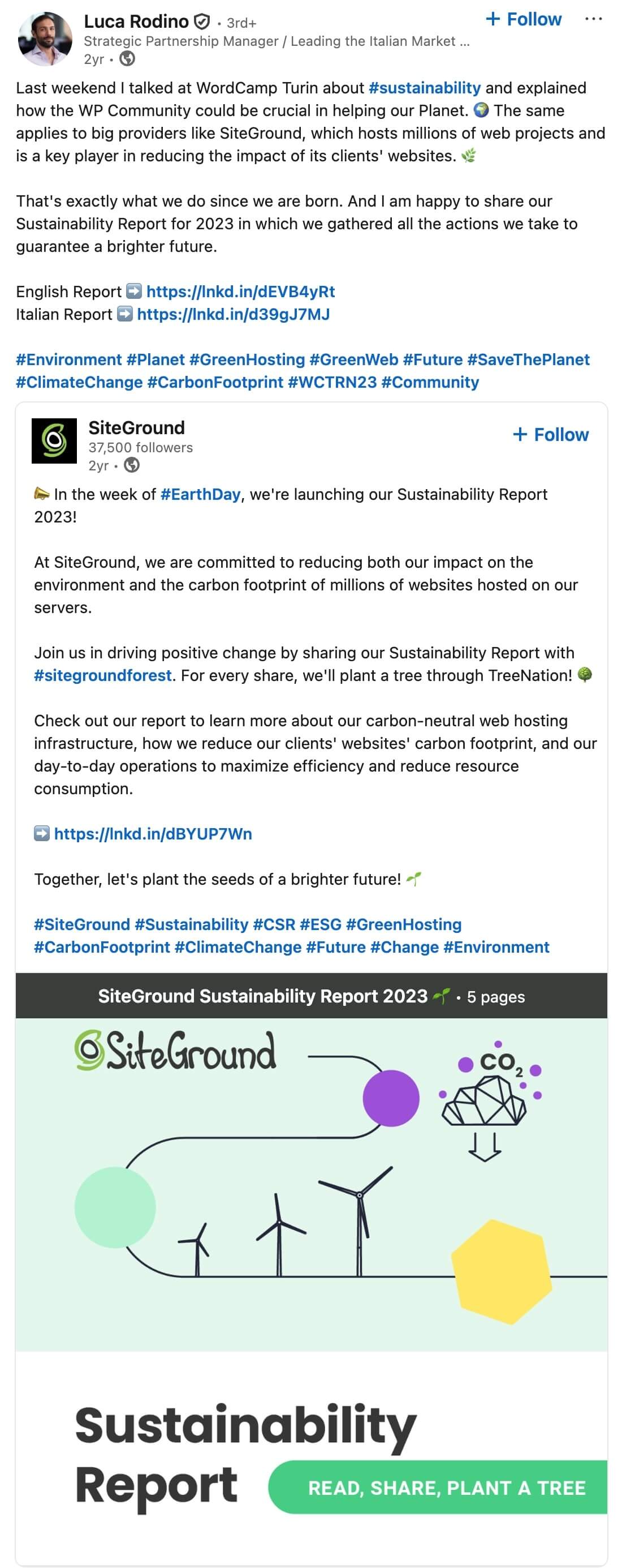Screenshot di un post dal profilo LinkedIn di Luca Rodino di SiteGround. Il post parla di sostenibilità nel mondo tech, facendo riferimento al report sulla sostenibilità di SiteGround e alle discussioni riguardo l'argomento durante il WordCamp Torino.