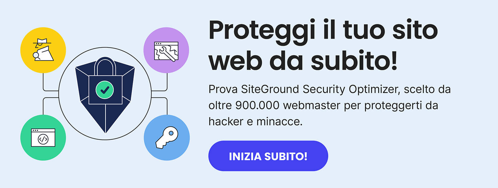 Banner del plugin Security Optmizer di SiteGround. Il titolo dice "Proteggi il tuo sito web da subito!" e il bottone indica "Inizia subito"
