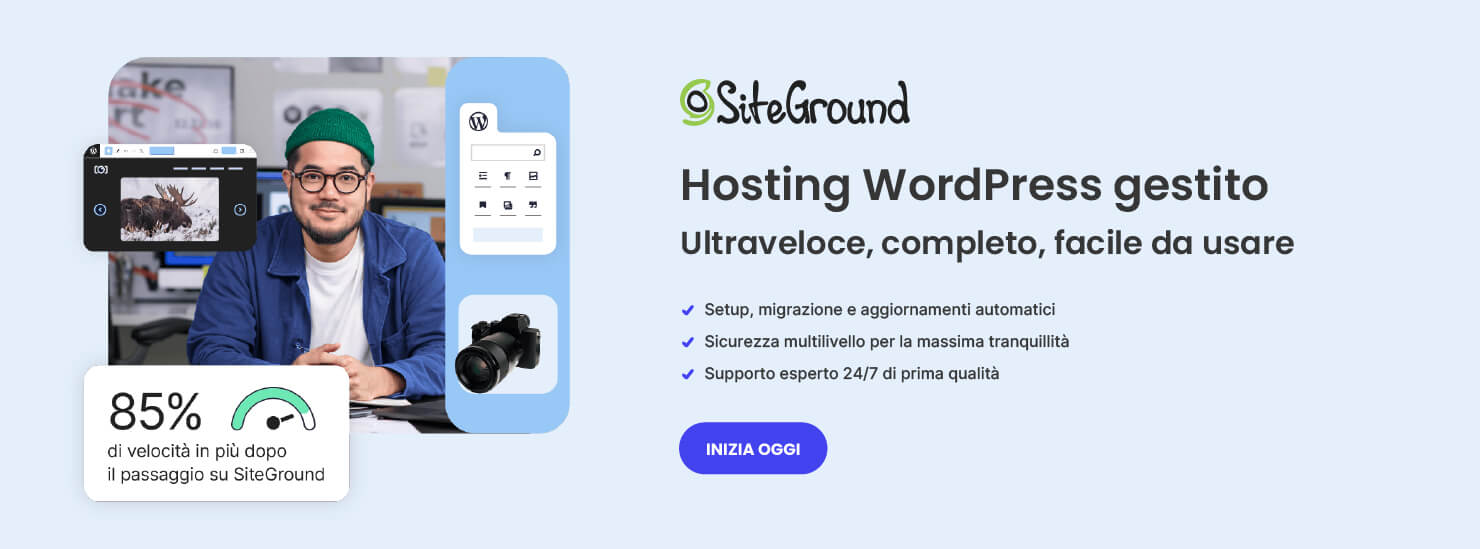 Banner che mostra un fotografo che gestisce il suo sito. Il testo dice "hosting WordPress gestito - ultraveloce, completo, facile da usare". Il bottone dice "Inizia oggi"