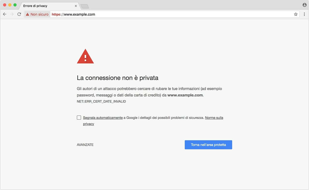 Screenshot di un avviso Google "La connessione non è privata"