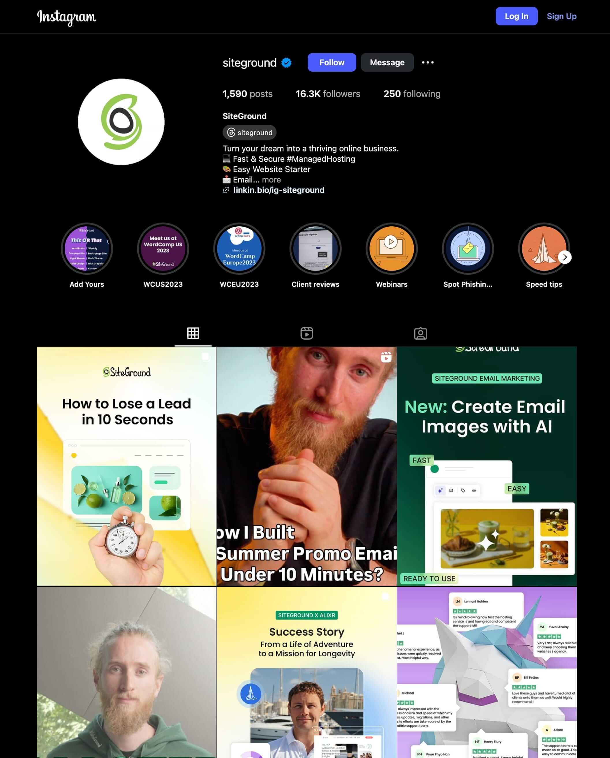 Screenshot della pagina Instagram di SiteGround, che presenta storie, video, caroselli, storie di successo, articoli di approfondimento.