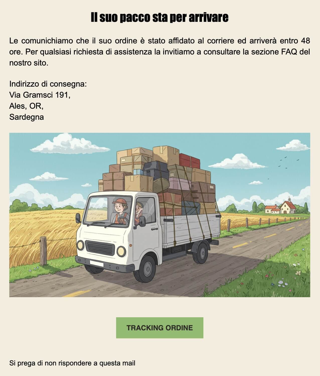 screenshot di una mail no-reply inviata per l'avviso consegna. In fondo alla mail si trova scritto "Si prega di non rispondere a questa email"
