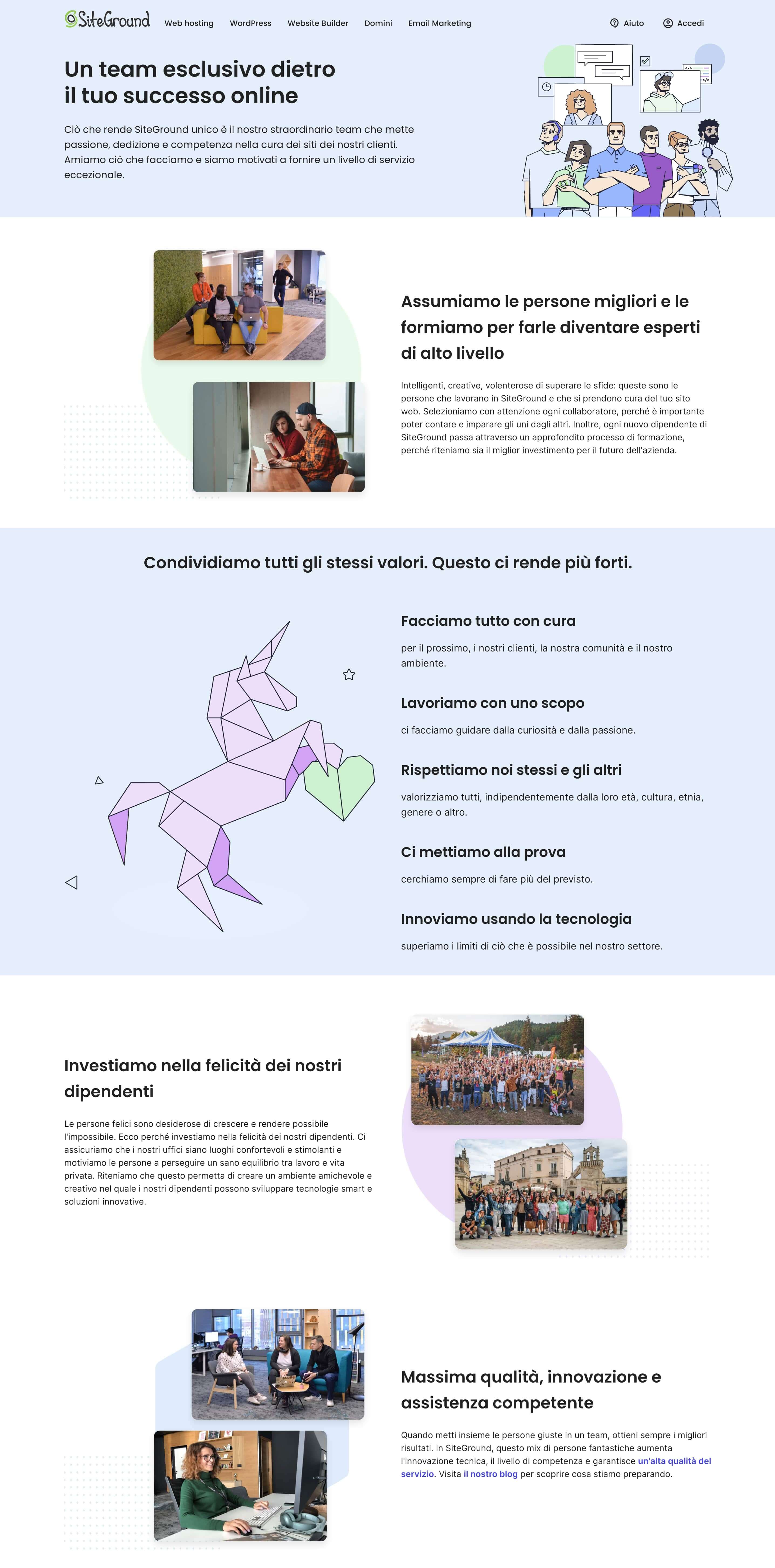 screenshot dalla pagina Chi Siamo di SiteGround, dove tutta la parte iniziale è dedicata alla filosofia, ai valori dell'azienda e all'importanza del team alle sue spalle.
