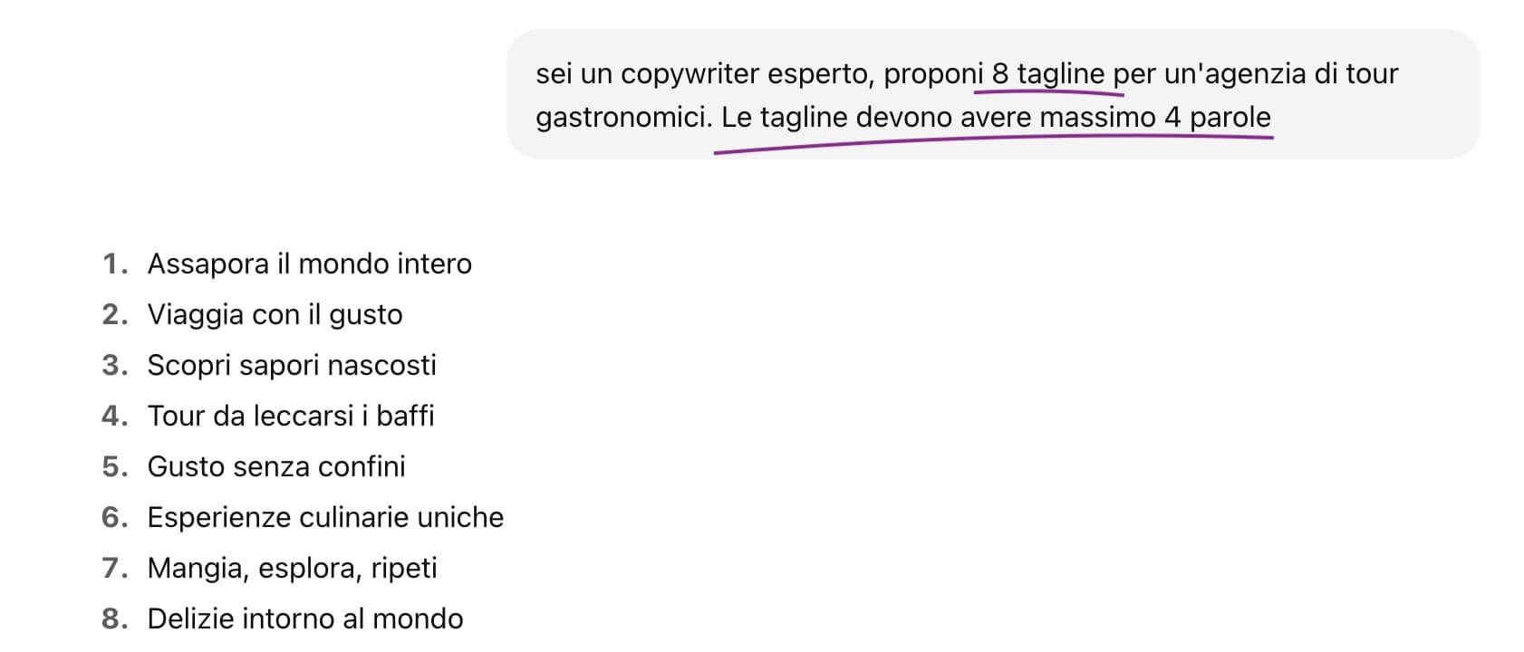 screenshot di un prompt di chatgpt con due vincoli, uno riguardo la lunghezza massima di 4 parole, l'altro riguardo il numero di soluzioni proposte, 8.