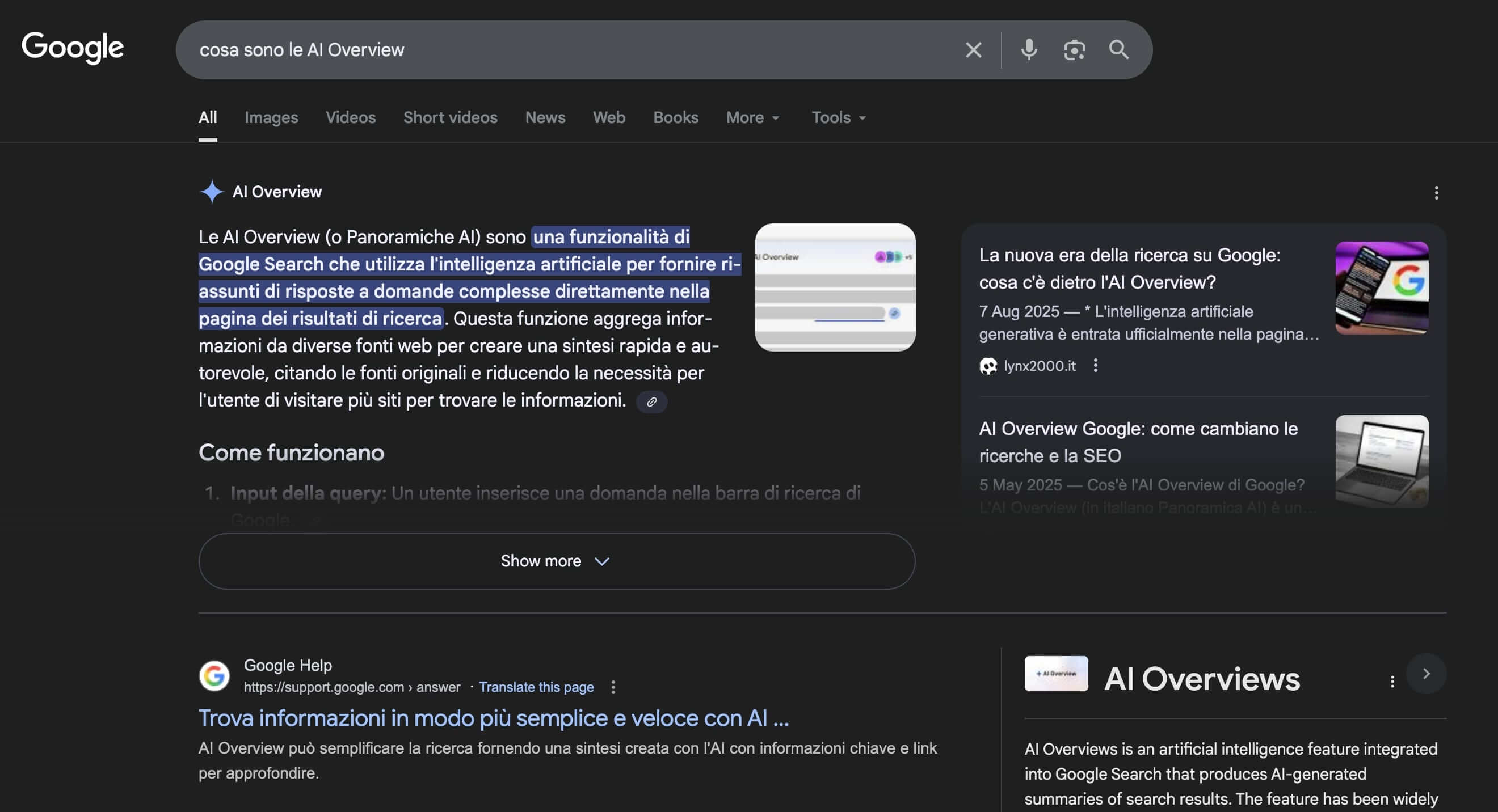 screenshot di una ricerca Google "cosa sono le AI Overview". La risposta è un'AI Overview che sintetizza le informazioni di altri siti.