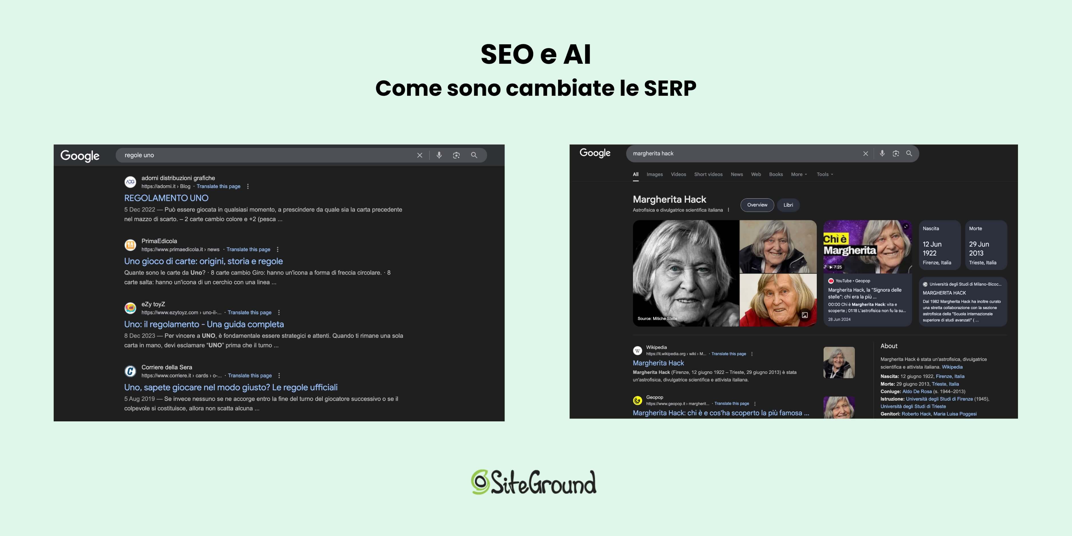 due screenshot di SERP diverse: la prima in vecchio stile, dove appaiono solo link a diverse pagine; la seconda con image pack, knowledge graph, anteprime video e highlight
