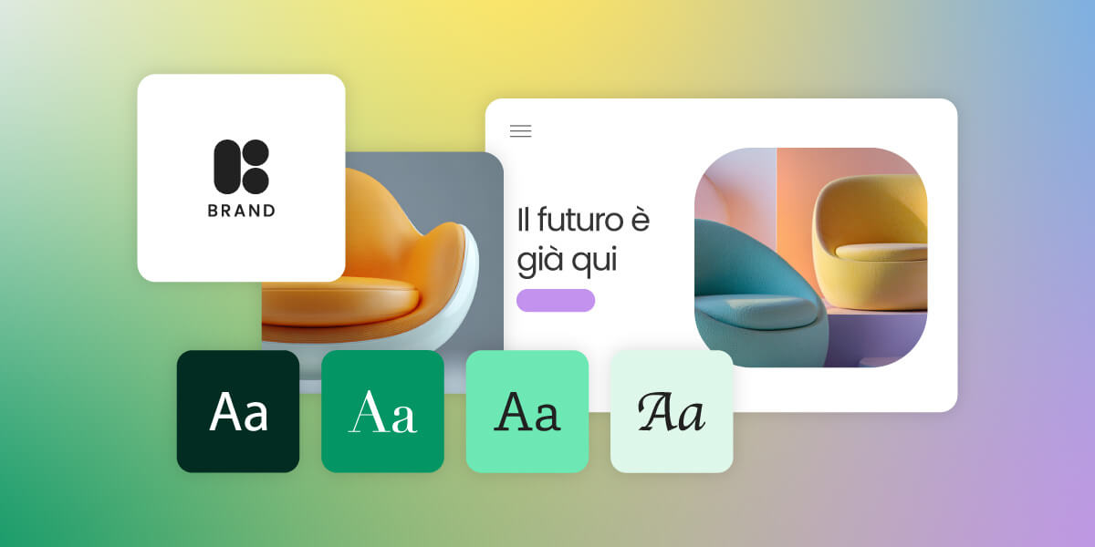 illustrazione che mostra diversi elementi del branding: una selezione di font, palette di colori, logo, due immagini e un esempio di hero section di un sito web