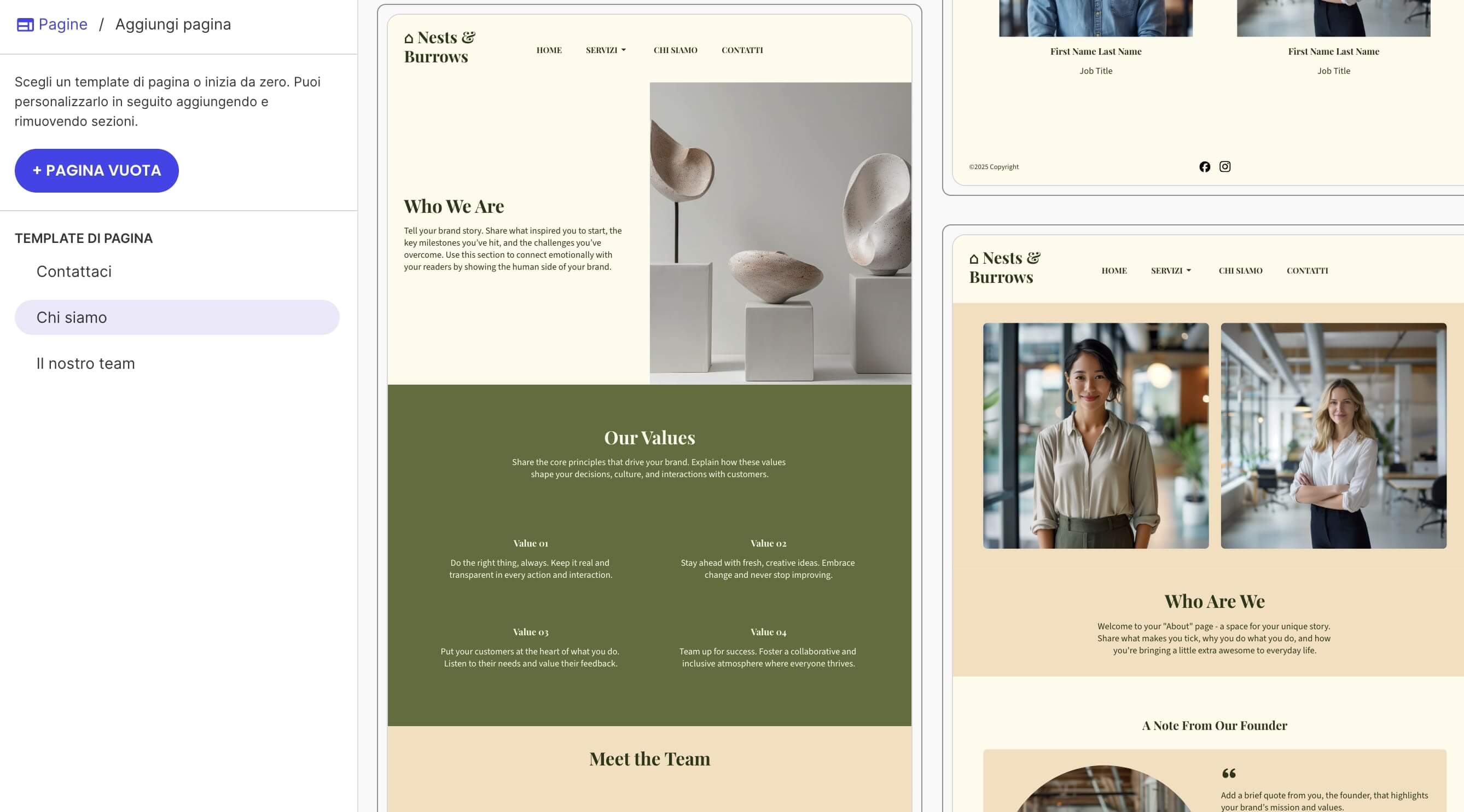 screenshot dal Website Builder di SiteGround, dove vengono mostrati diversi template per la pagina Chi Siamo, tutti in sintonia con il branding della pagina principale