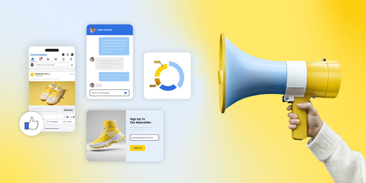 illustrazione di un megafono accanto a varie tecniche di lead generation: un form, un ad su social, una live chat