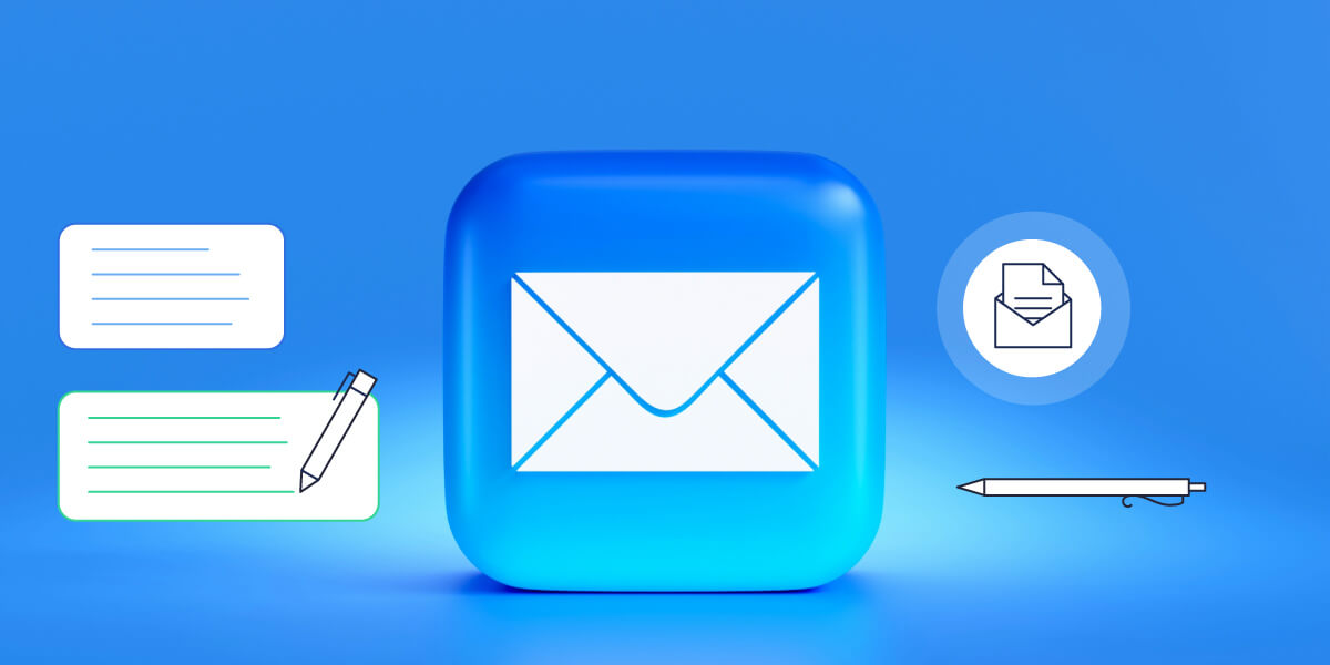 illustrazione che mostra un'icona di un'app email e varie bozze di testo intorno