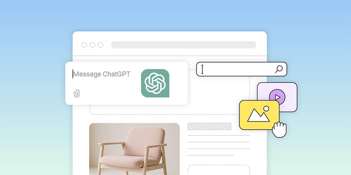illustrazione che mostra la creazione di un sito web con un builder drag-and-drop e l'icona di messaggio di ChatGPT aperta