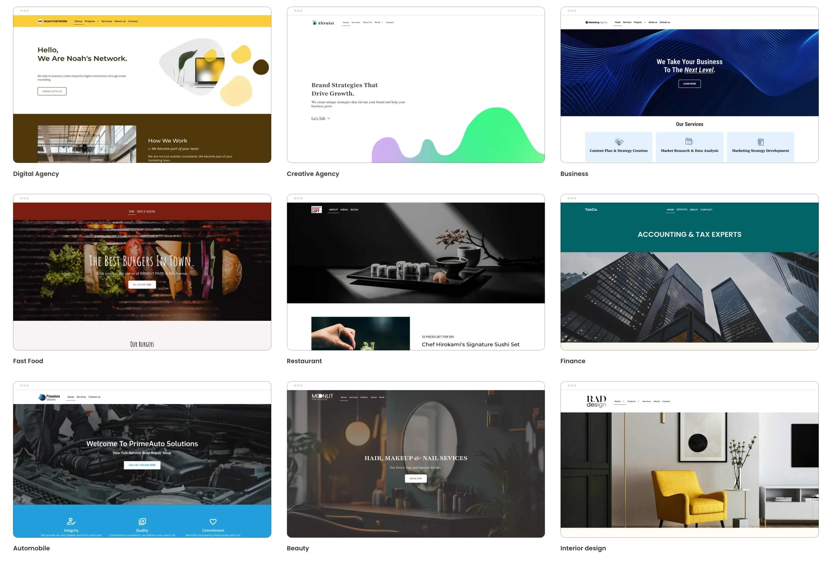 screenshot di una selezione di template per siti web disponibili sul Website Builder di SiteGround