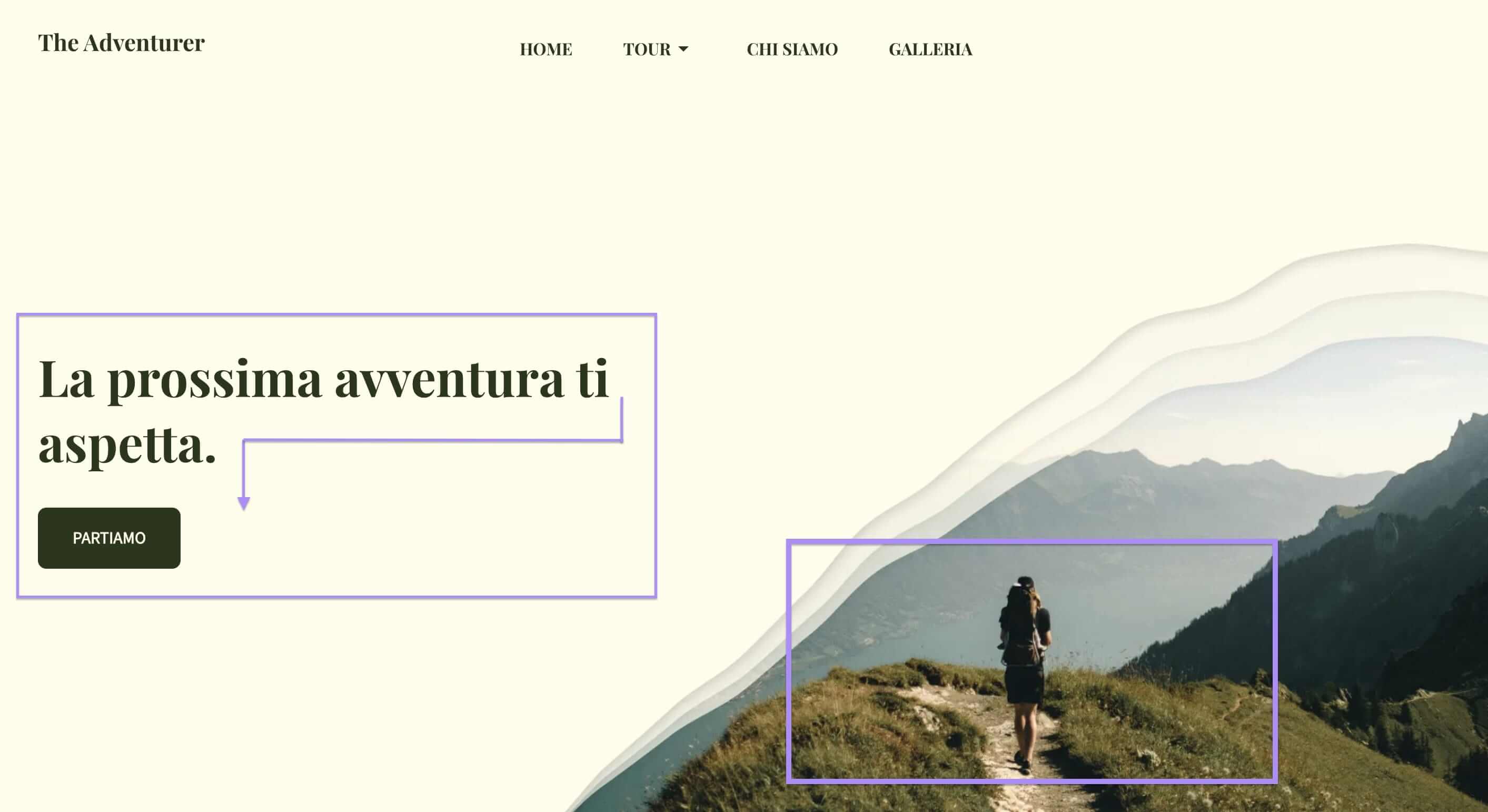screenshot di un layout asimmetrico per un sito di escursioni. Titolo e CTA sono centrati a sinistra, mentre l'immagine in basso a destra porta la lettura verso il basso
