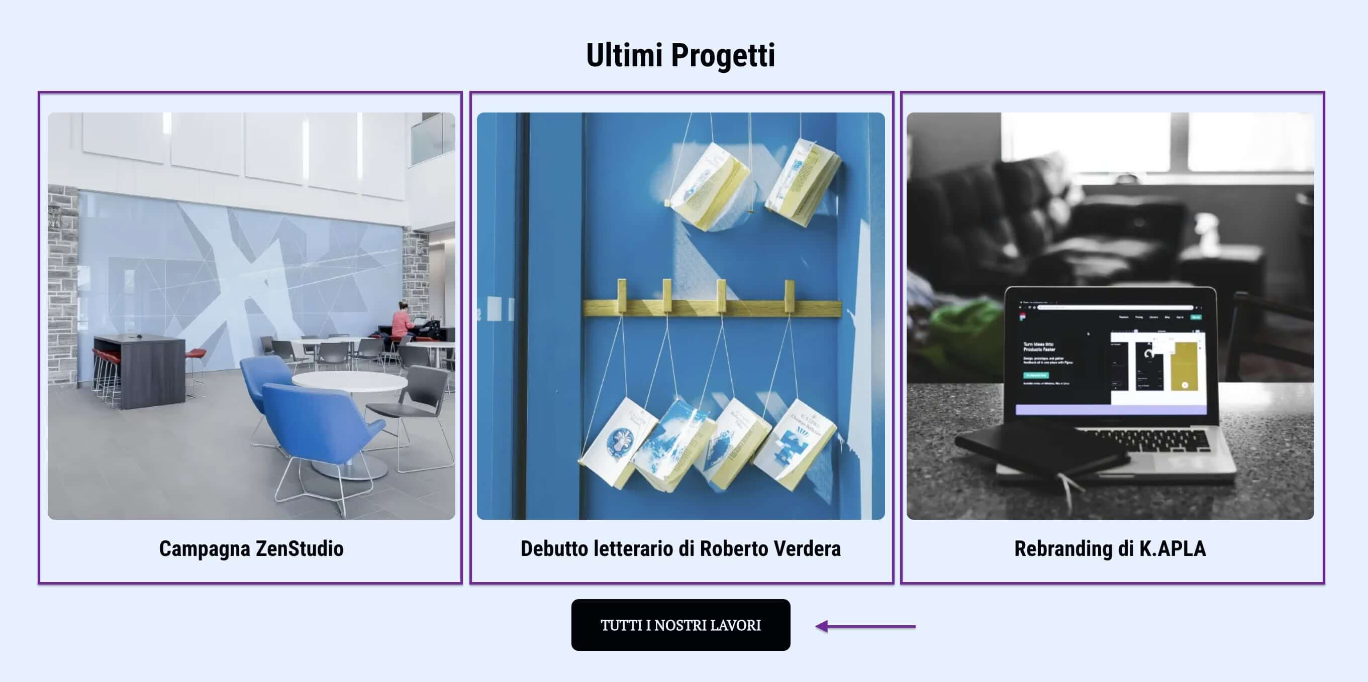 screenshot della sezione Ultimi Progetti dal sito di una compagnia di marketing. Il layout usa le carte per presentare i progetti con delle foto