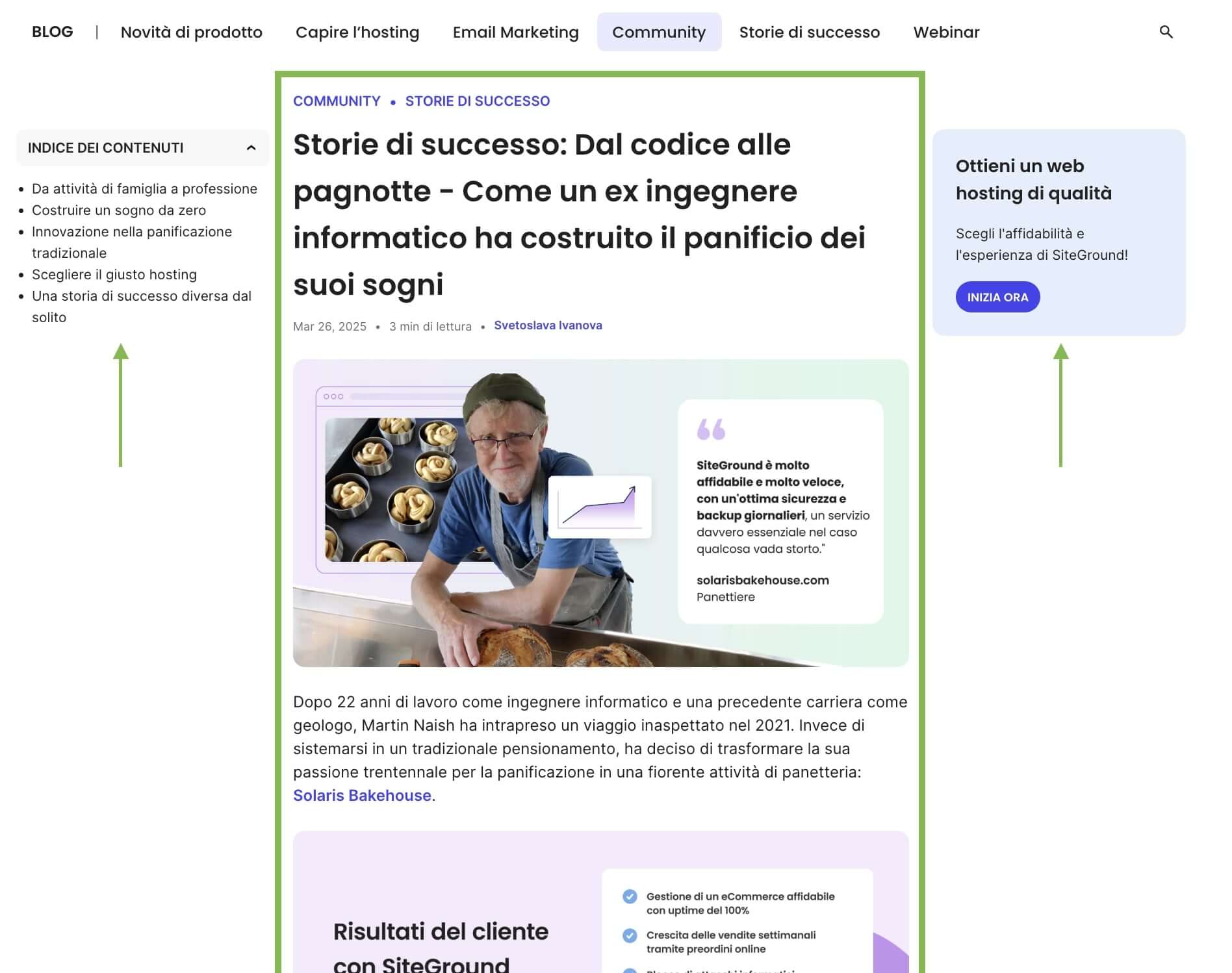 screenshot dal blog di SiteGround. il layout presenta tre colonne, quella centrale dove si sviluppa l'articolo, ai lati l'indice e una CTA