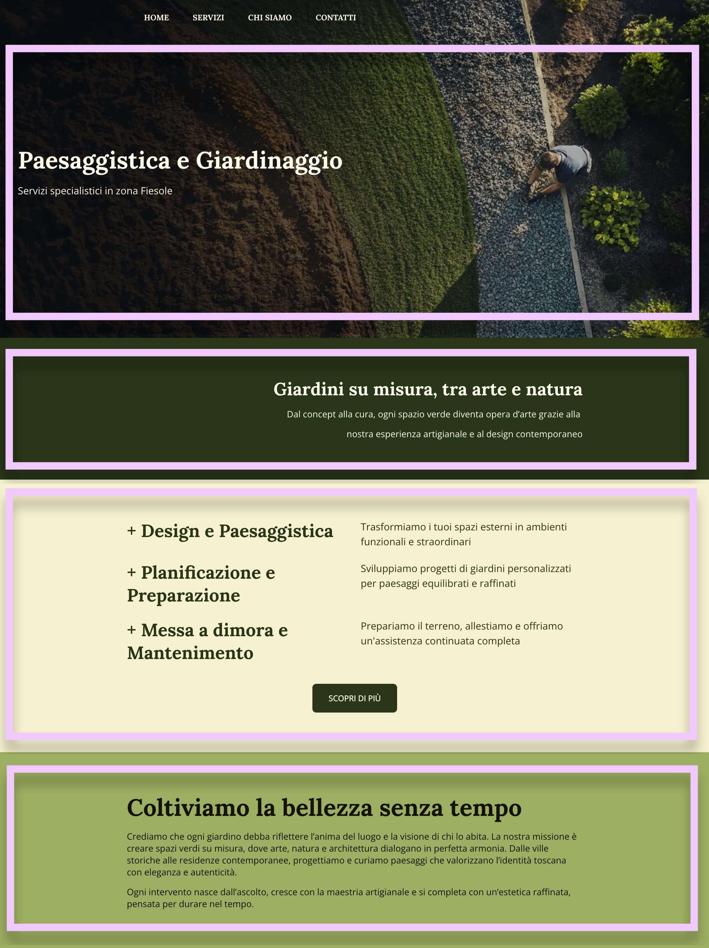 screenshot di un layout a linee orizzontali per il sito di un servizio di giardinaggio. ogni fascia presenta informazioni progressive sul servizio