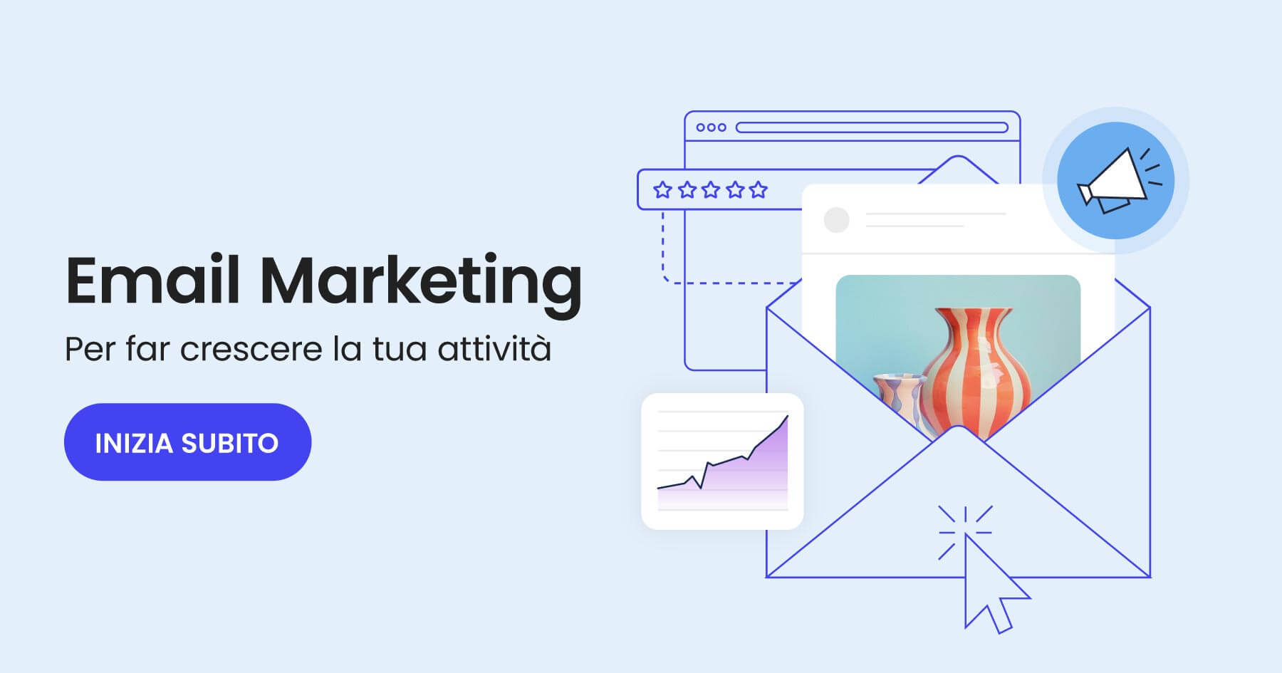 banner promozionale per lo strumento di email marketing di SiteGround. Testo: email marketing per far crescere la tua attività. Il bottone indica "inizia subito"