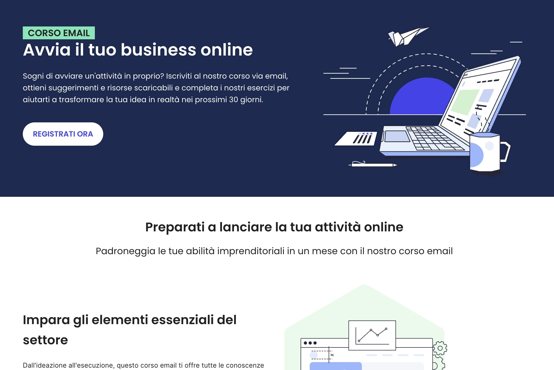 screenshot della landing page di un corso email di SiteGround intitolato "Avvia il tuo business online"