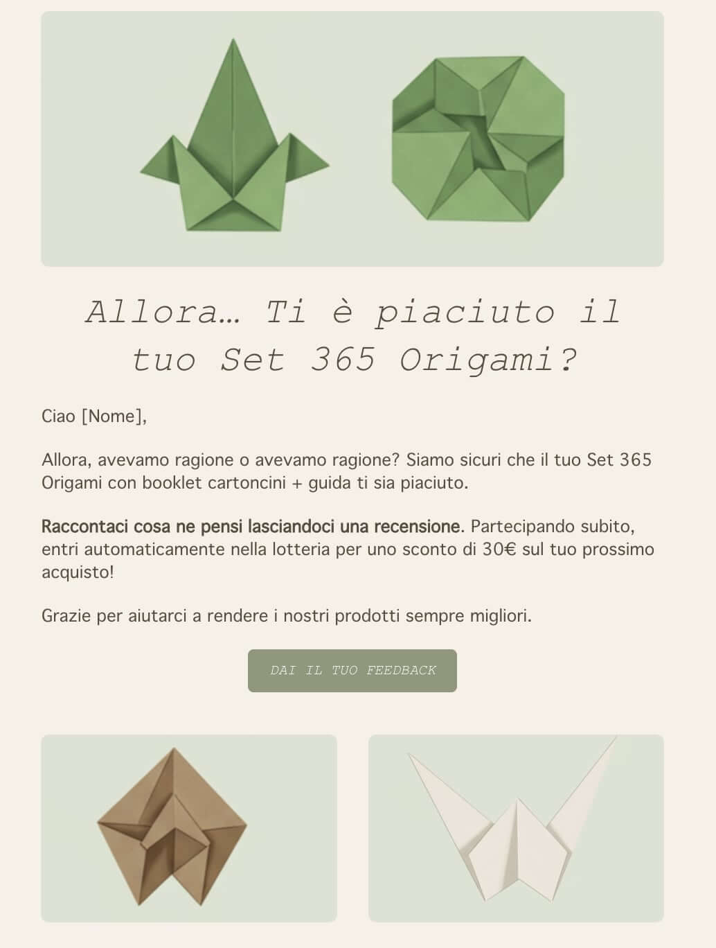 screenshot di una mail transazionale di richiesta feedback